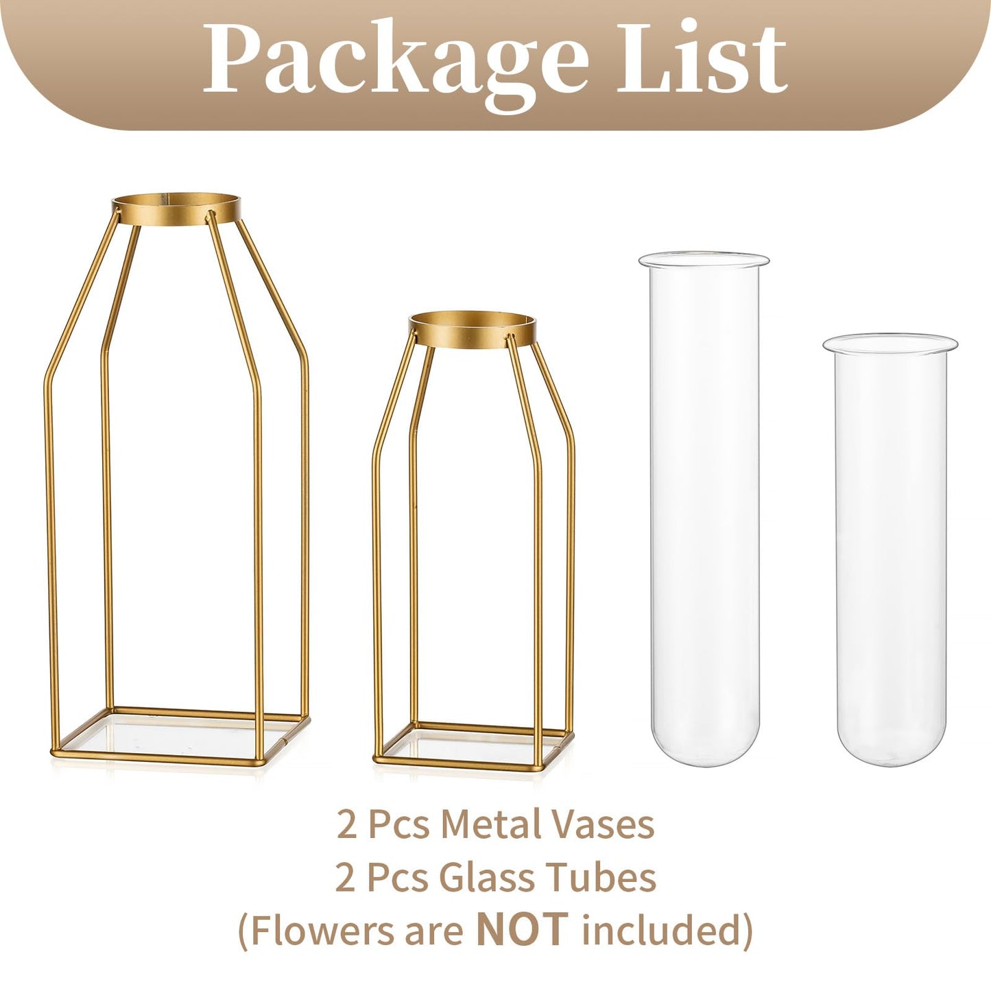 Sziqiqi Metal Flower Vase Table Decor - Gold Frame Vase with Glass Test Tubes 8"/10" Modern Bud Vase for Coffee Table Living Room Abstract Geometric Art Vase for Rose Hydroponic Plant Pampas
