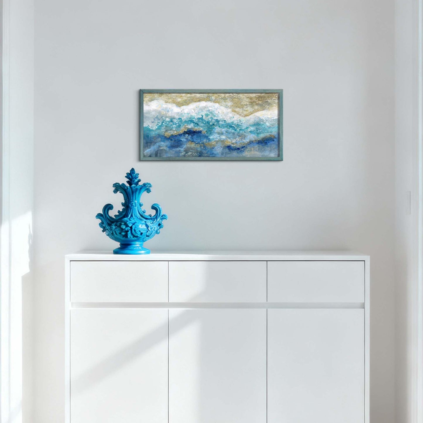 Abstract Wall Art Painting - Blue and Teal Ocean Theme with Gold Accents for Living Room Office Decor 24"x12"