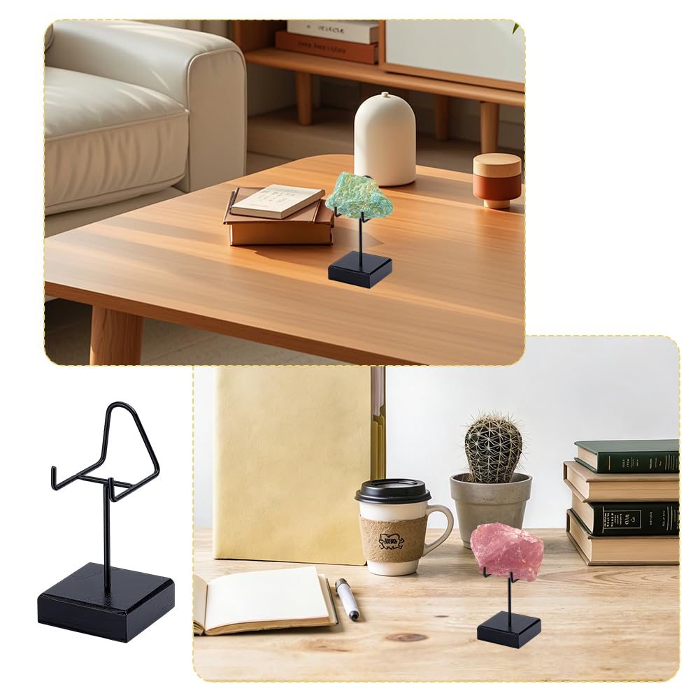 AHANDMAKER Wood Display Stand with Metal Arms Small Easel with Base for Shark Tooth Mineral Agate Rocks Crystal Gemstones Fossils Coral Geodes Display Home Office Christmas Decoration, Black 2x2x4in