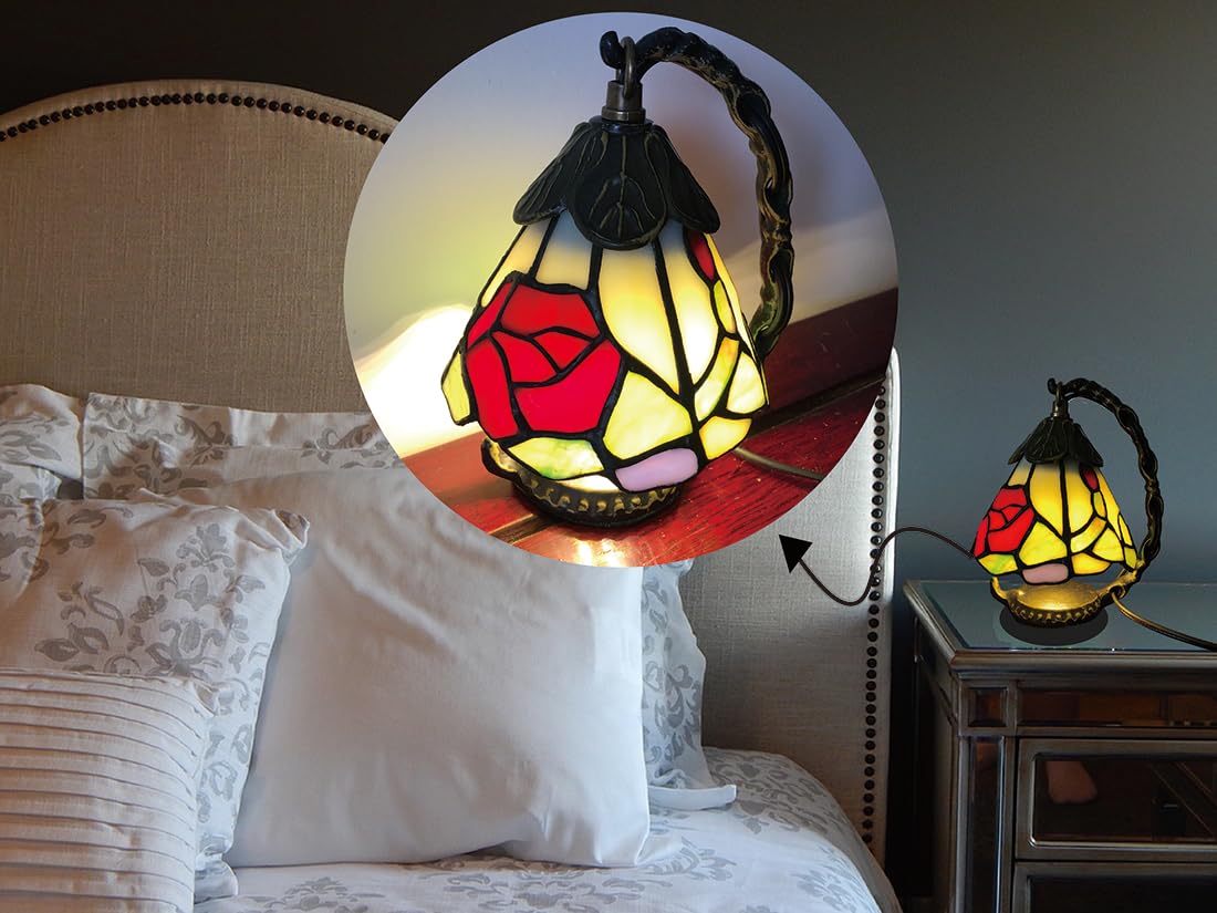 HUIMEIJU Tiffany Glass Table Lamp, Rose Pattern Night Lamp, Study Small Table Lamp, Wake Up Lamp