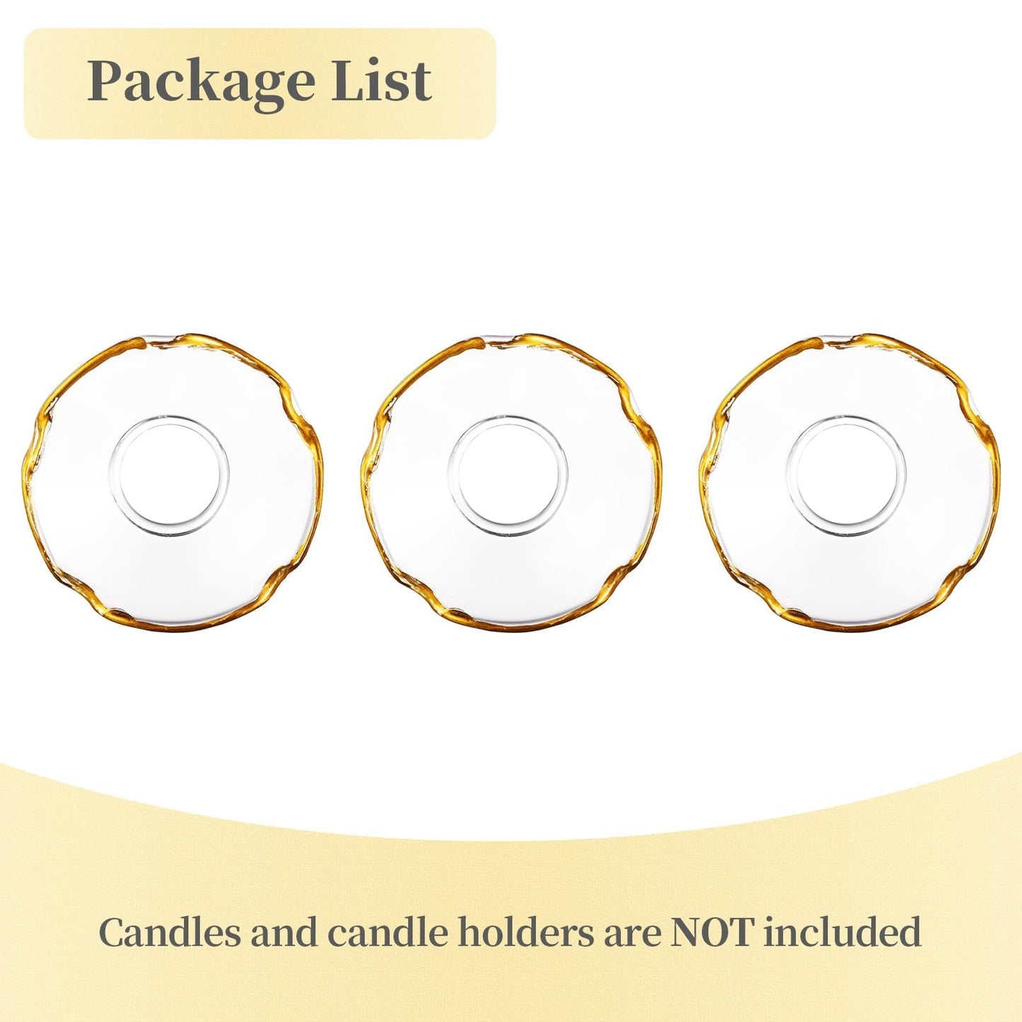 Hewory Glass Bobeches for Candlestick Holders, 3 PCS Candle Drip Protector Rings for Taper, Candle Drip Catcher for Candle Stick Candle Holder for Wedding Party Church Home (Scallop, Gold Rim)