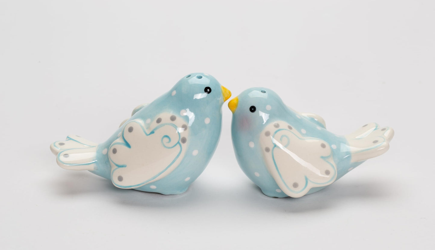 Fine Ceramic Lovebird Bluebird Pastel Baby Blue Bird with White Wings and White Polka Dots Design Salt and Pepper Shakers Set, 3-5/8" L