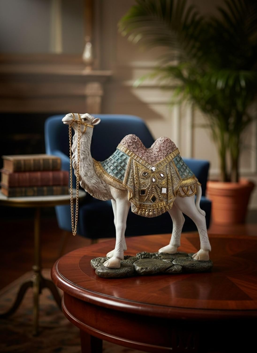 Ornate White Camel Figurine — Decorative Resin Camel Statue with Gold Embellished Saddle & Chain — Luxury Home Décor Accent for Mantel, Shelf, Tabletop (7 × 2.5 × 7.75 in, 1 lb)