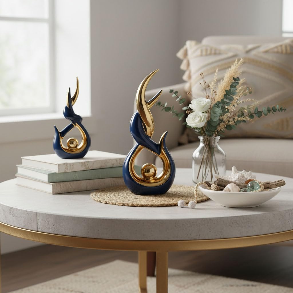 Blue Gold Ceramic Abstract 2 Piece Statue Set,Mid Century Modern Abstract Art Home Decor Statue Mantelpiece on Unique Shelf Decor, TV Cabinet Divider Table top and Dining Table Centerpiece (Blue)