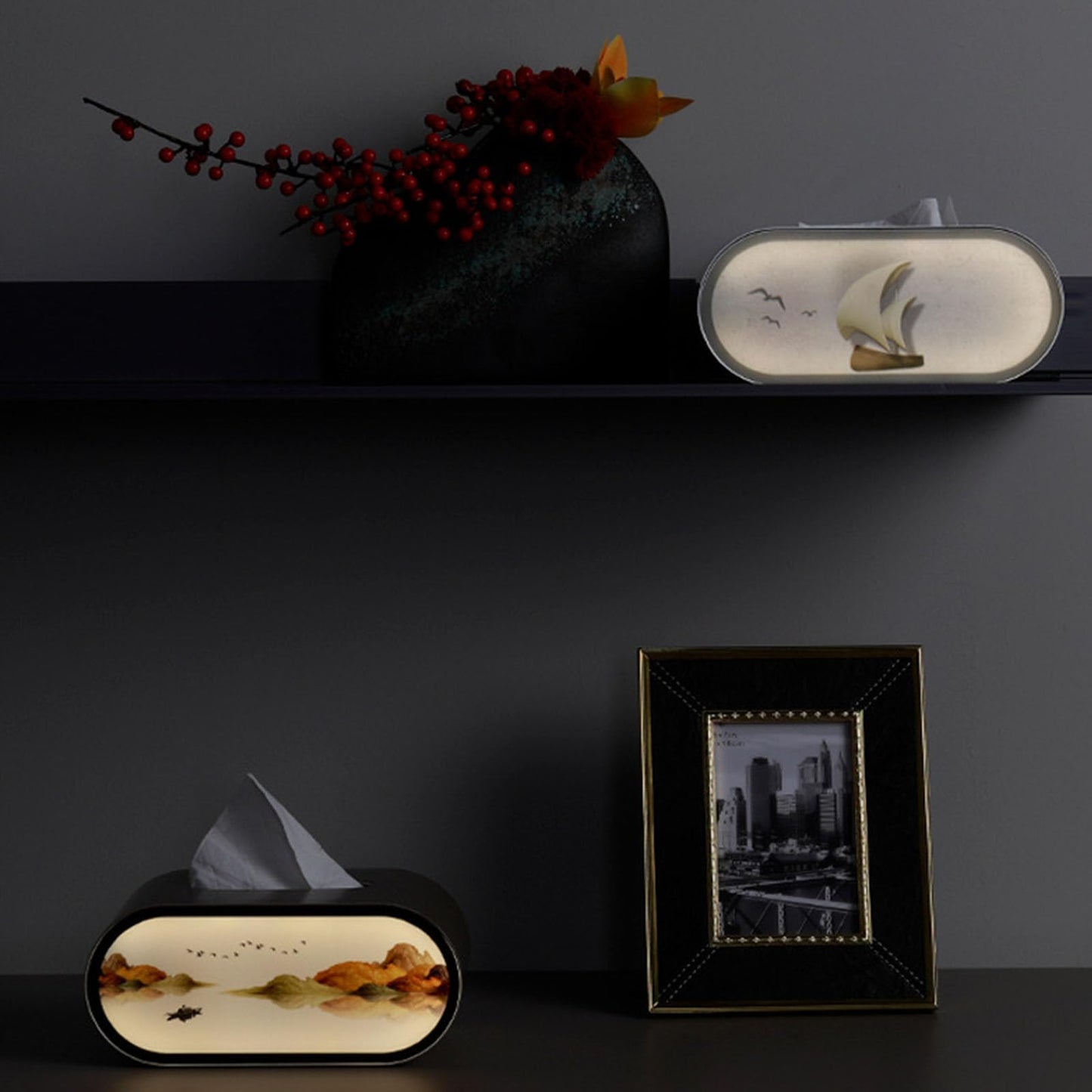 LED Tissue Box Cover,Modern Artistic Large Opening Pop-up Tissue Box Holder with Night Light,Rechargeable Oval Tabletop Napkin Box, Creative Facial Tissue Box for Bedroom,Desk,Dressing Table