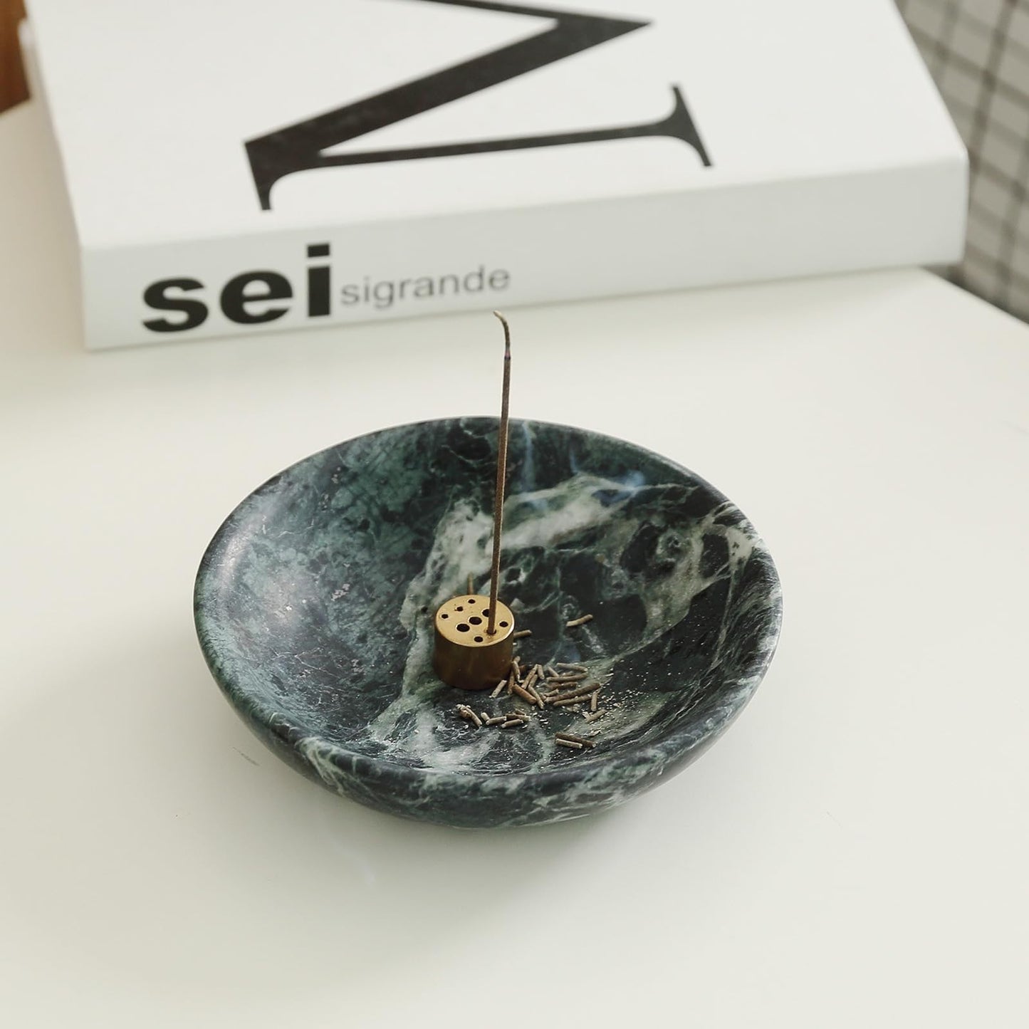 Koville Natural Marble Incense Holder, Incense Holder for Sticks with 9 Holes, Handmade Incense Burner Ash Catcher for Meditation Yoga SPA, Balsam Fir/Palo Santo/Sage/Cone (Green)