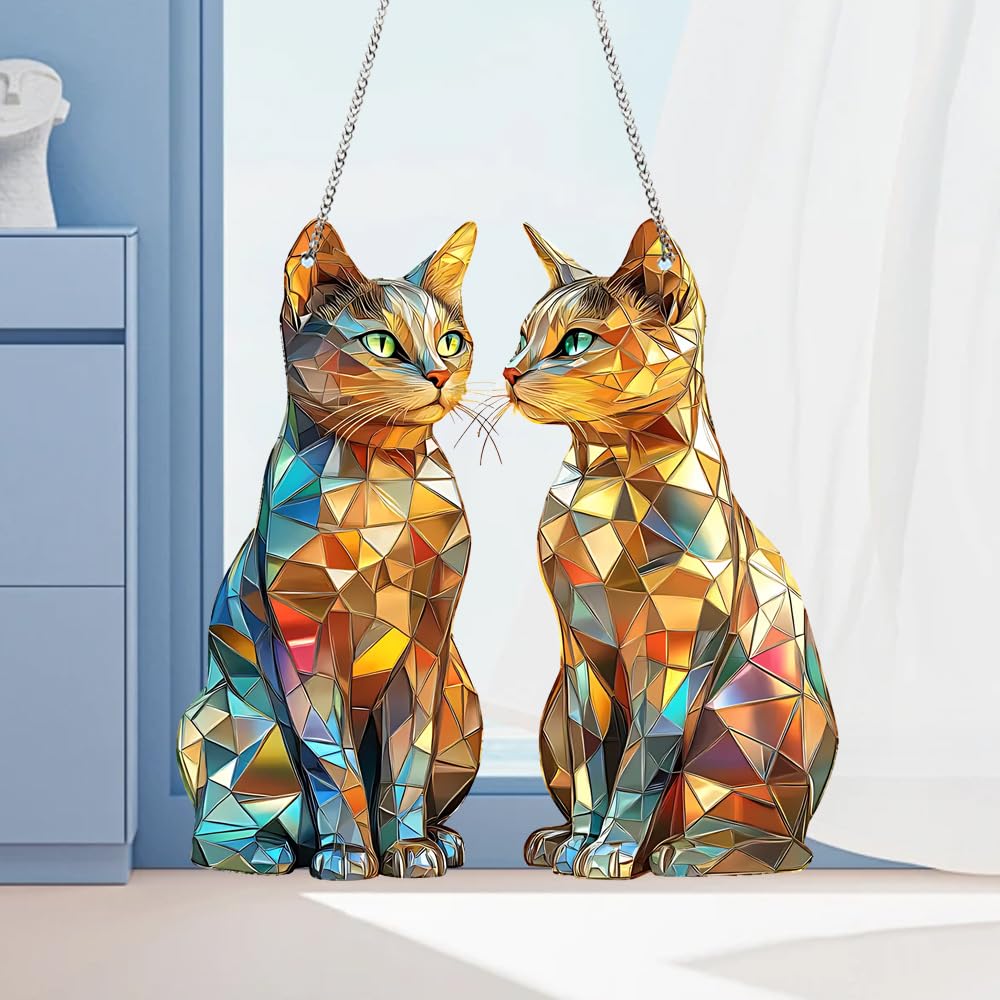 Two Cats Stained Window Hanging Ornament, Kittens Shape Stained Acrylic Double-Sided Printed Window Panel, Great Gift for Mom Grandma Animal Lover for Birthday Mother's Day or Housewarming