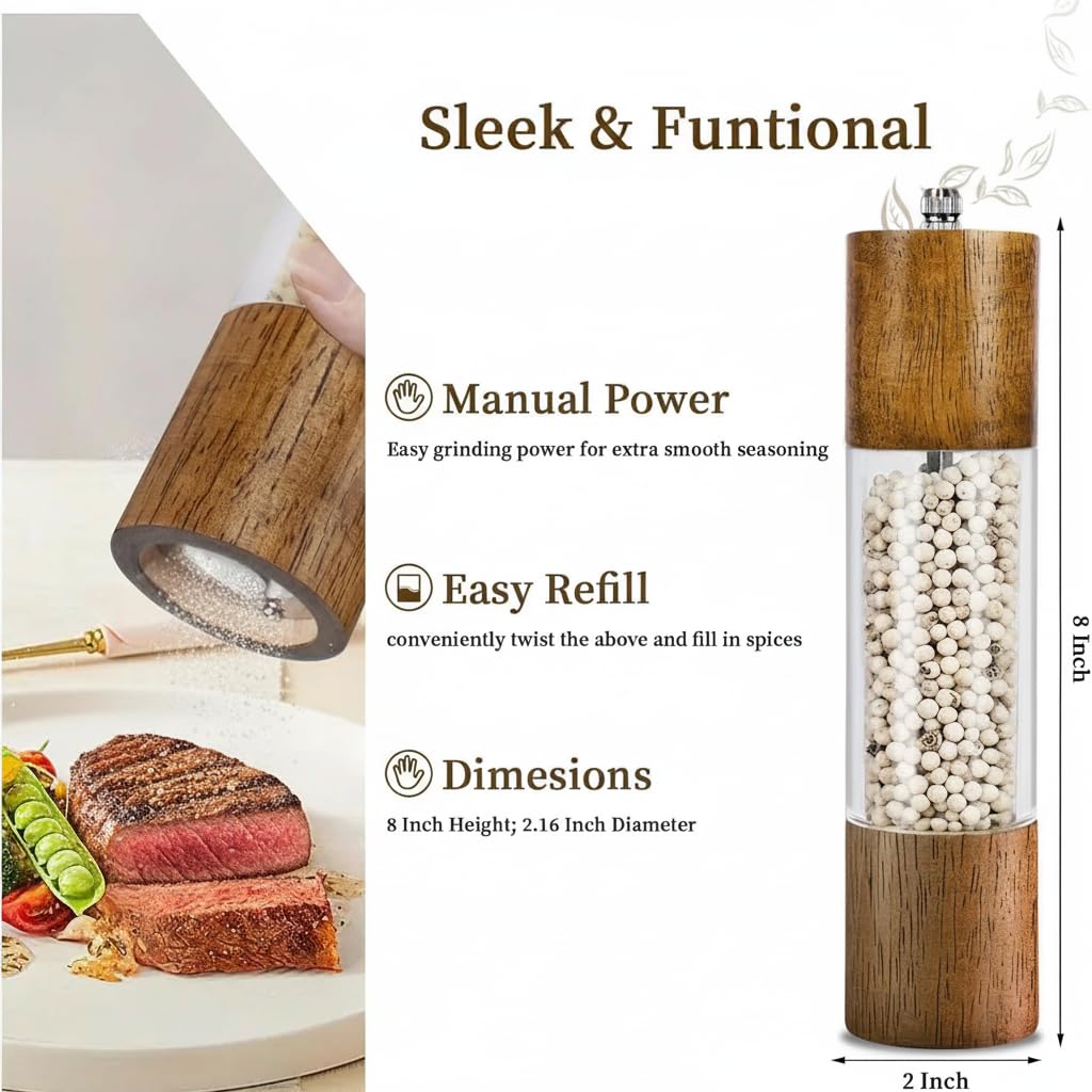 Premium Acrylic Salt and Pepper Grinder Set - Wooden Body with Adjustable Ceramic Wristband - Manual Salt and Pepper Grinder - 8 Inch - 2 Pieces