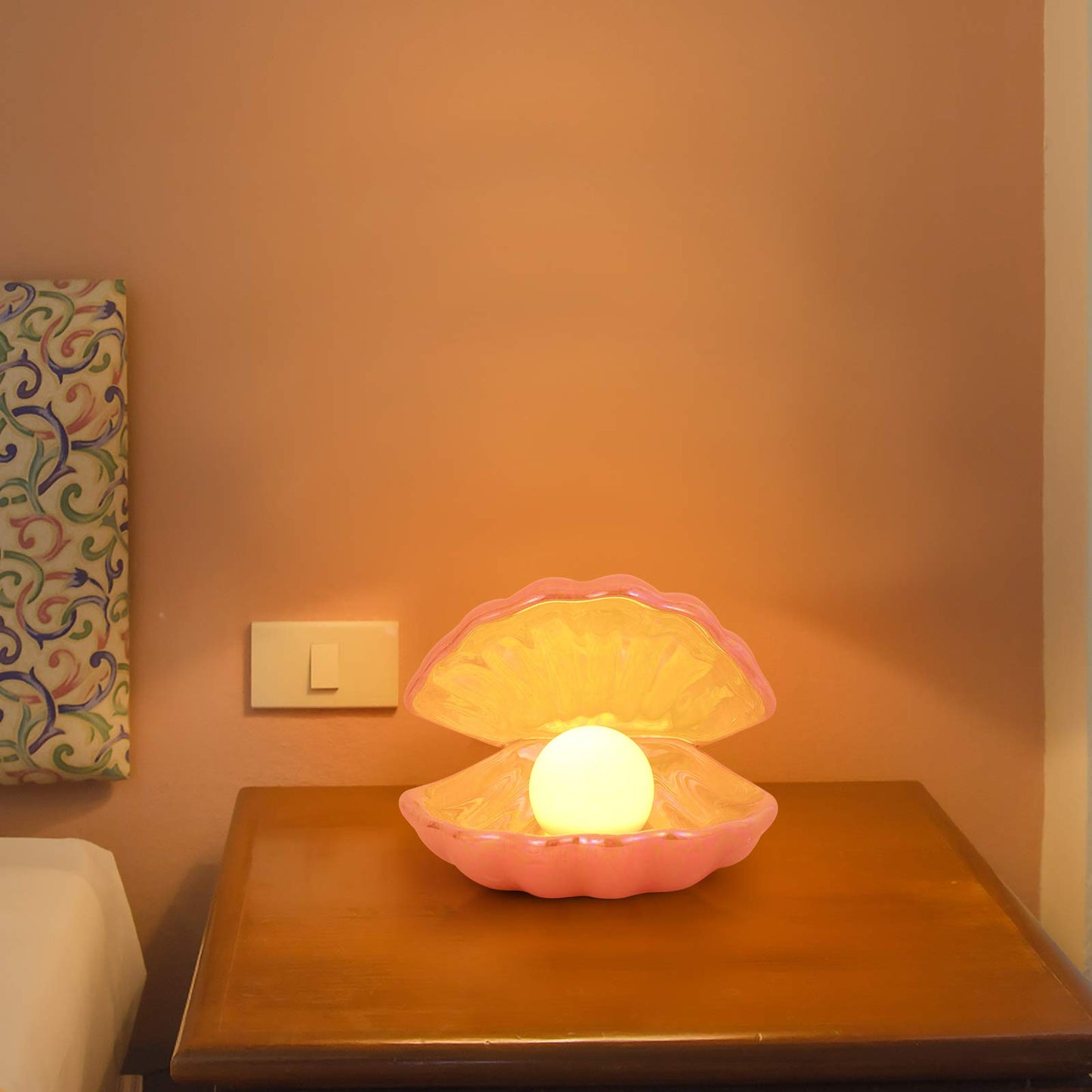 IMIKEYA Shell Pearl Light, LED Ceramic Pearl in Shell Night Light Desktop Portable Ocean-Inspired Seashell Lamp for Bedroom Home Decor, Pink