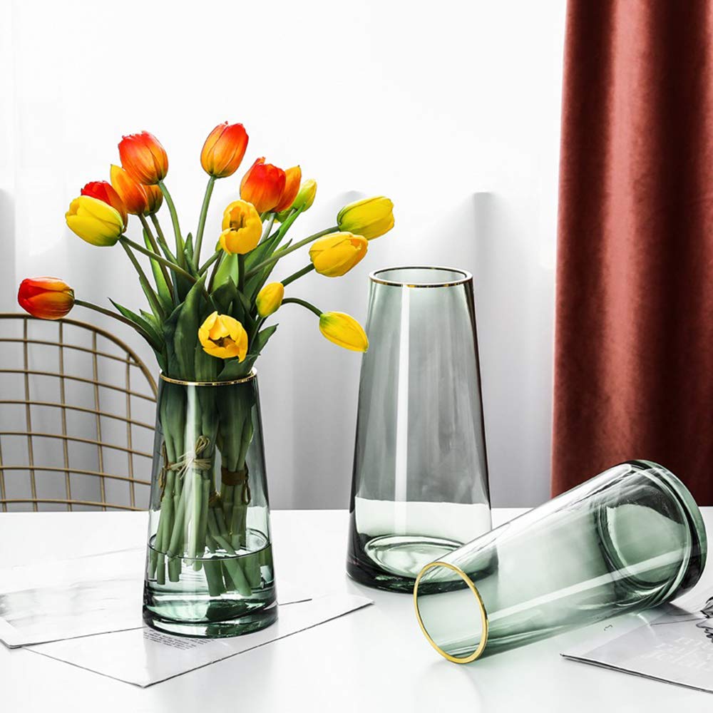FUNSOBA Green Glass Flower Vase with Gold Mouth for Centerpieces Home Wedding Decoration (1, Small)