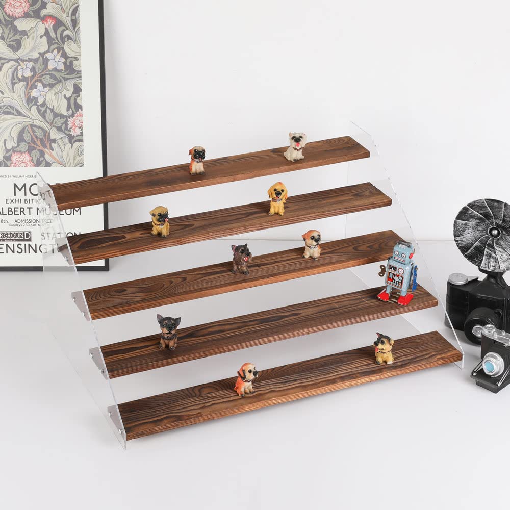 PACKGILO 1 PACK Extra Large 5 Steps Display Shelf Stand 24*17*12 inches Clear Acrylic Riser Shelves Wood Acrylic Storage for Figure Collection Cupcake Desserts Holder Cologne Organizer for Men (Brown)