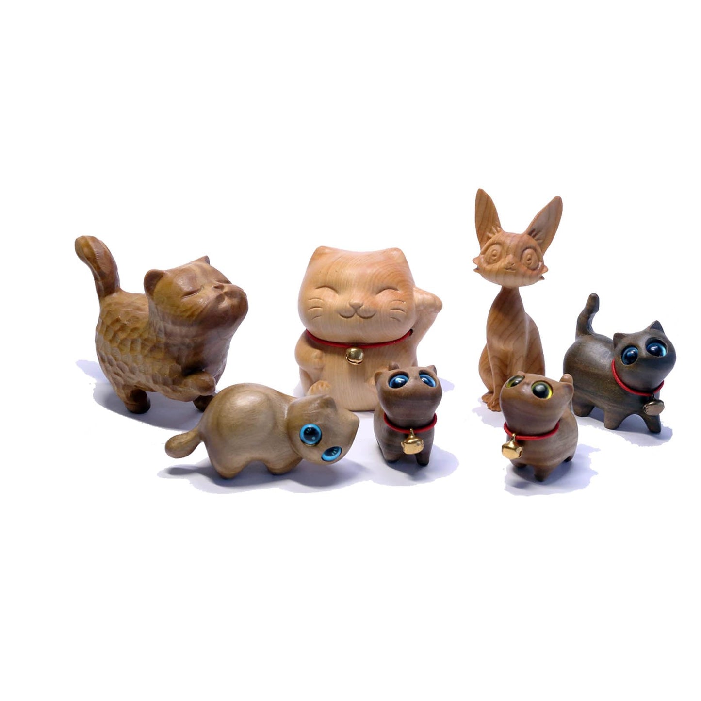 JouiiSiYa Hand Carved Green Sandalwood Cat Figurine - Proud Standing Pose Wooden Figurine, Cute Cat Desk Decor with Gift Box, 6.2x5x3cm