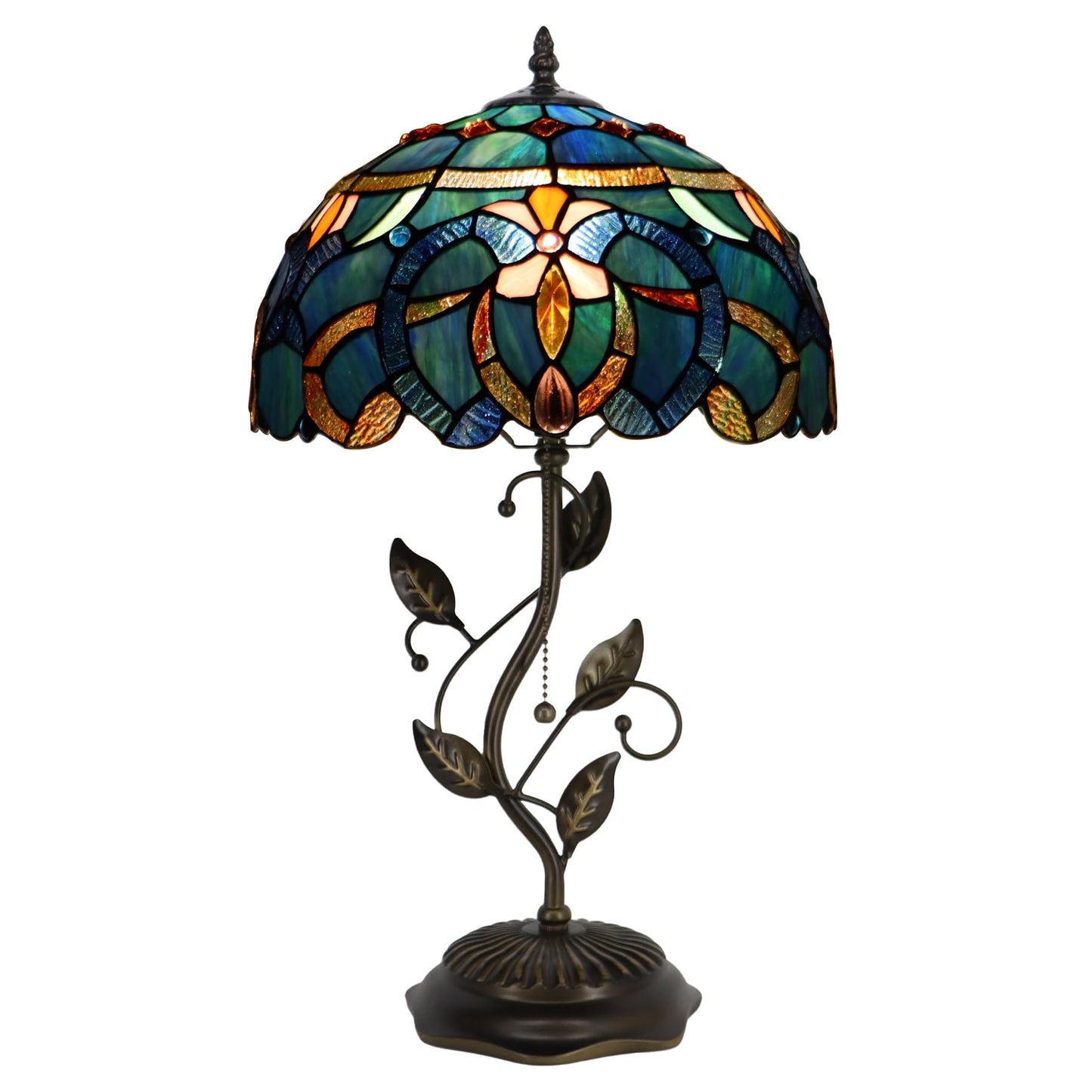 LXHCYOU Tiffany Table Lamp, Stained Glass Desk Light, W12H19 Inch, Metal Leaf Base (Blue Baroque Style)