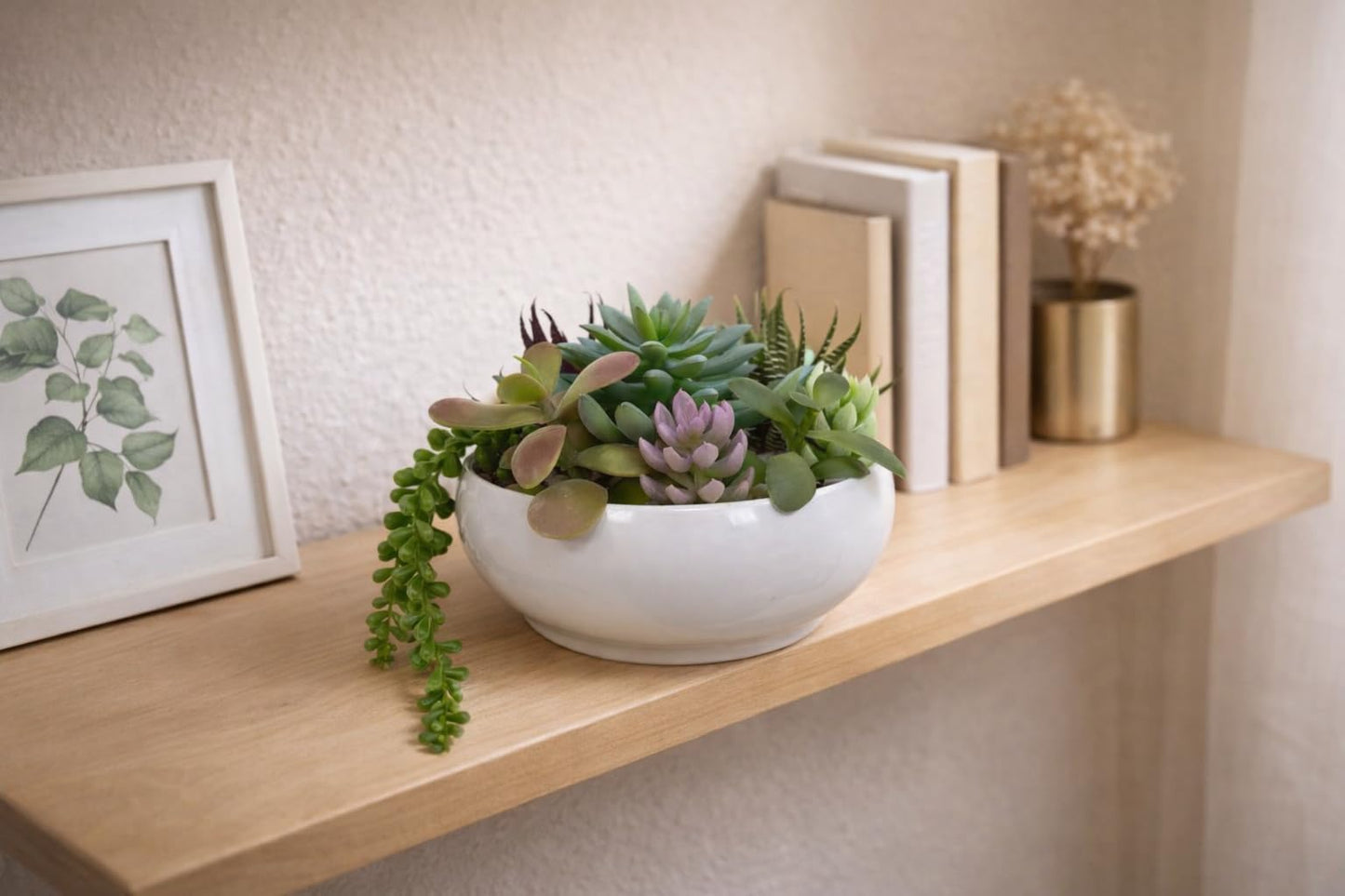 365 Blooming Decor 8.0” Round Artificial Succulent Arrangement in White Melamine Bowl, Realistic Mixed Faux Succulents with Natural Pebbles, Lifelike Touch, Indoor Tabletop Decor for Home & Office