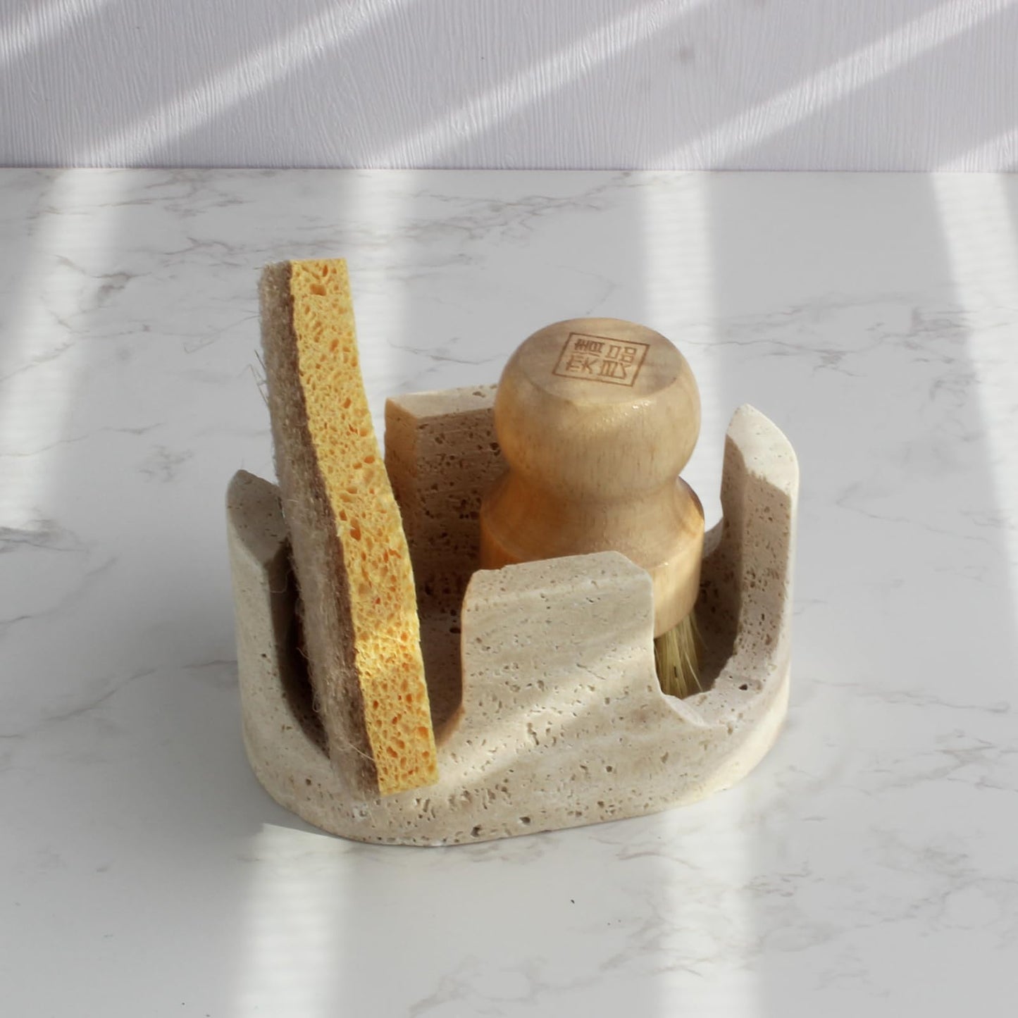 Nawgnail Natural Travertine Marble 2-Slot Sponge Holder for Kitchen Counter, 2-in-1 Stone Drying Rack, Sponge Caddy for Sink Organizer - Beige Travertine