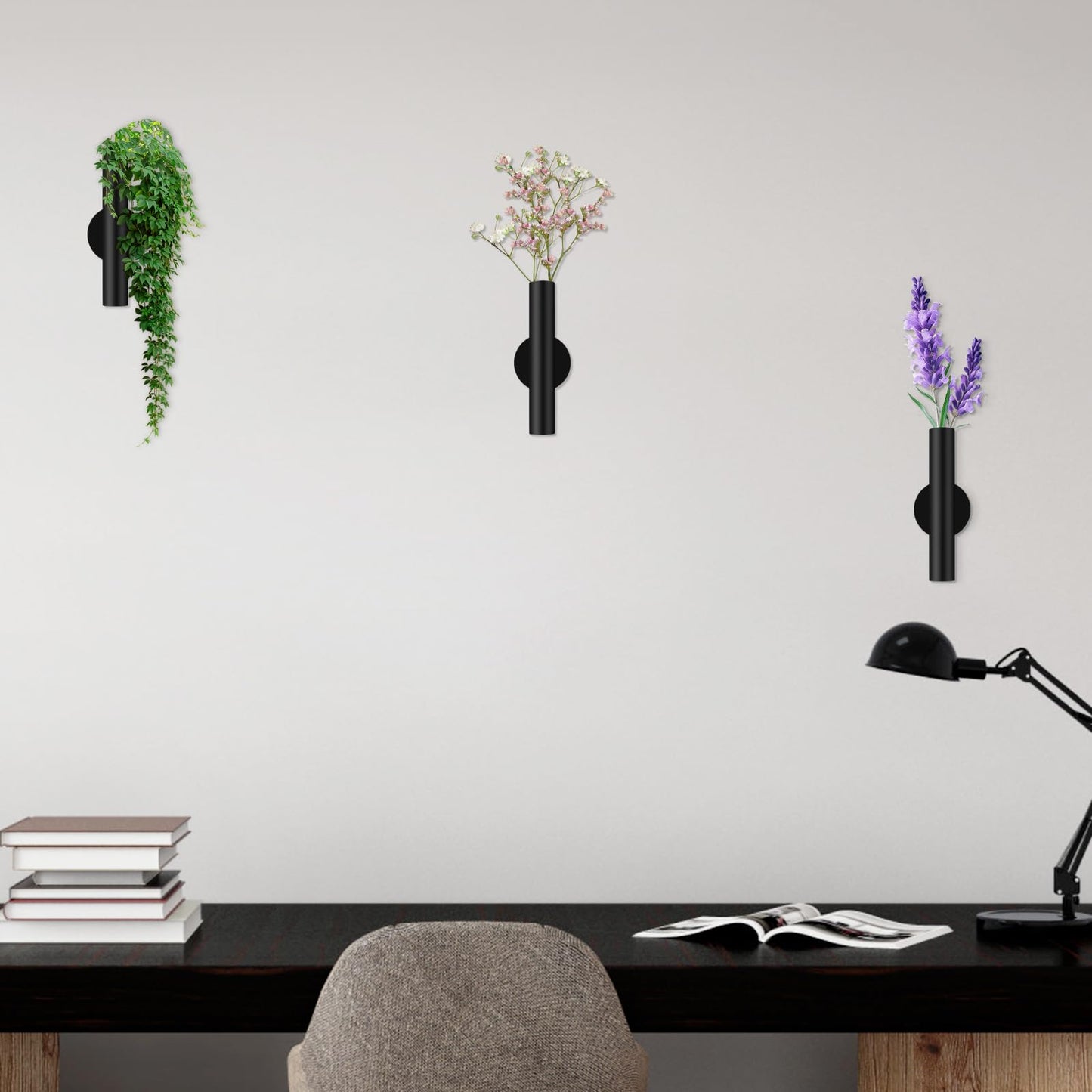 3 Pcs Wall Mounted Vases Wall Vases for Decor Dried Flower Wall Decor Flower Wall Sconce Black Metal Flower Vase with Sticker for Home Office Flower Display Decoration (Black)
