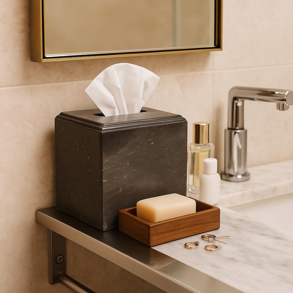 Creative Home Natural Charcoal Marble Square Tissue Box Cover, Dark Grey