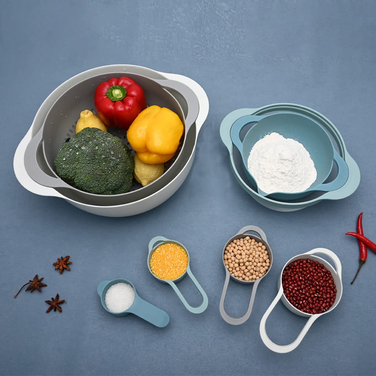 MiHerom Plastic Nesting Bowls Set with 2 Mixing bowls,Colanders,4 Measuring Cups,Sifter for Baking,Food Prep,RV Camping Accessories,8 Pieces