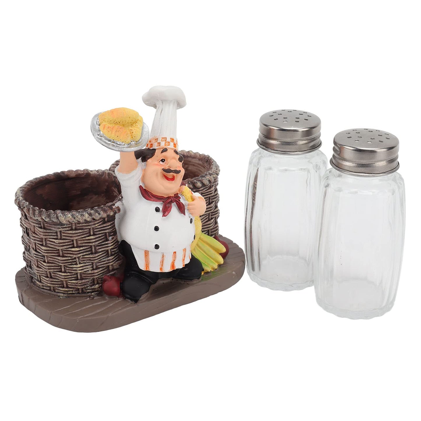 Salt and Pepper Shaker Sets, 2Pcs Shaker Spice Bottle with French Chef Sculpture Decoration Sitting Chef Decorative Statue Spice Organizer for Kitchen