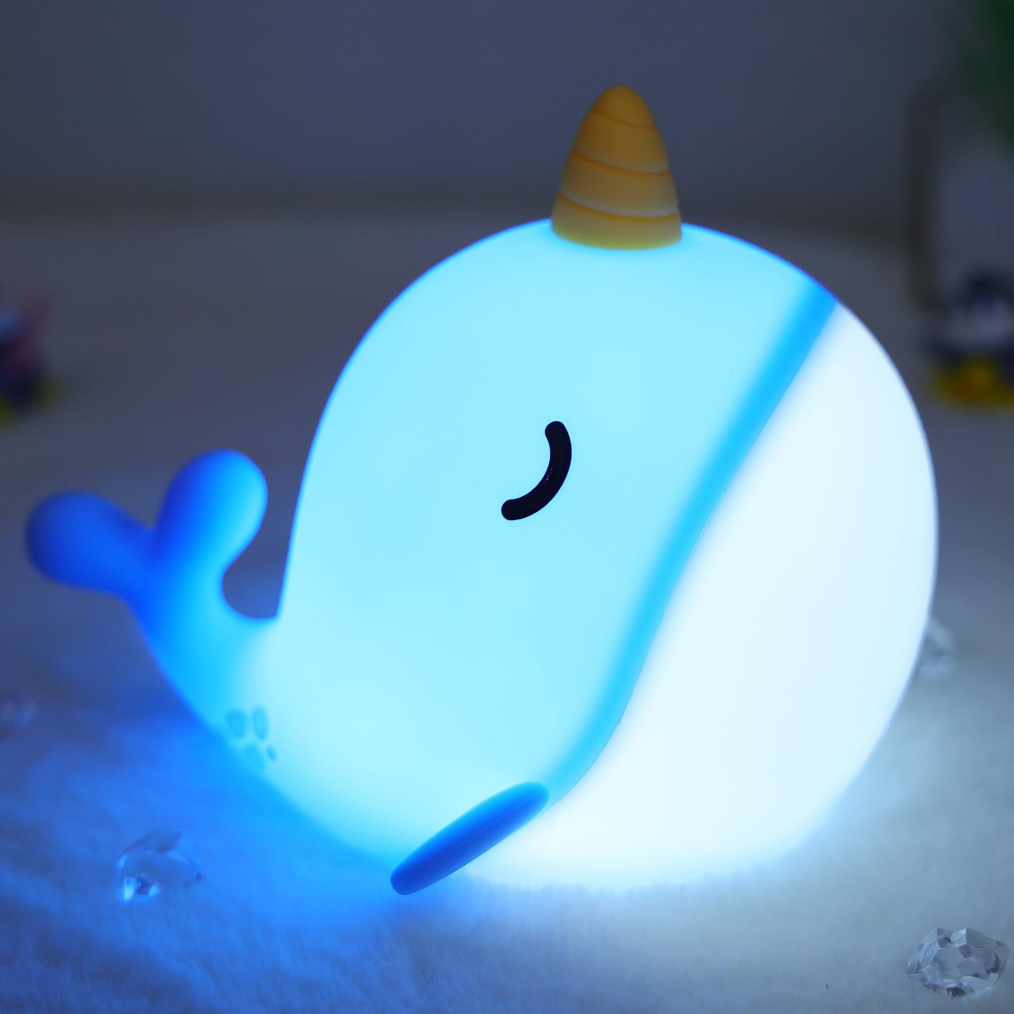 OkiyiD Blue Narwhal Lamp, Cute Silicone Night Light, Dimmable Animal Nursery Night Lights Bedside Touch Lamp, Whale Gifts for Bedroom Whale Decor