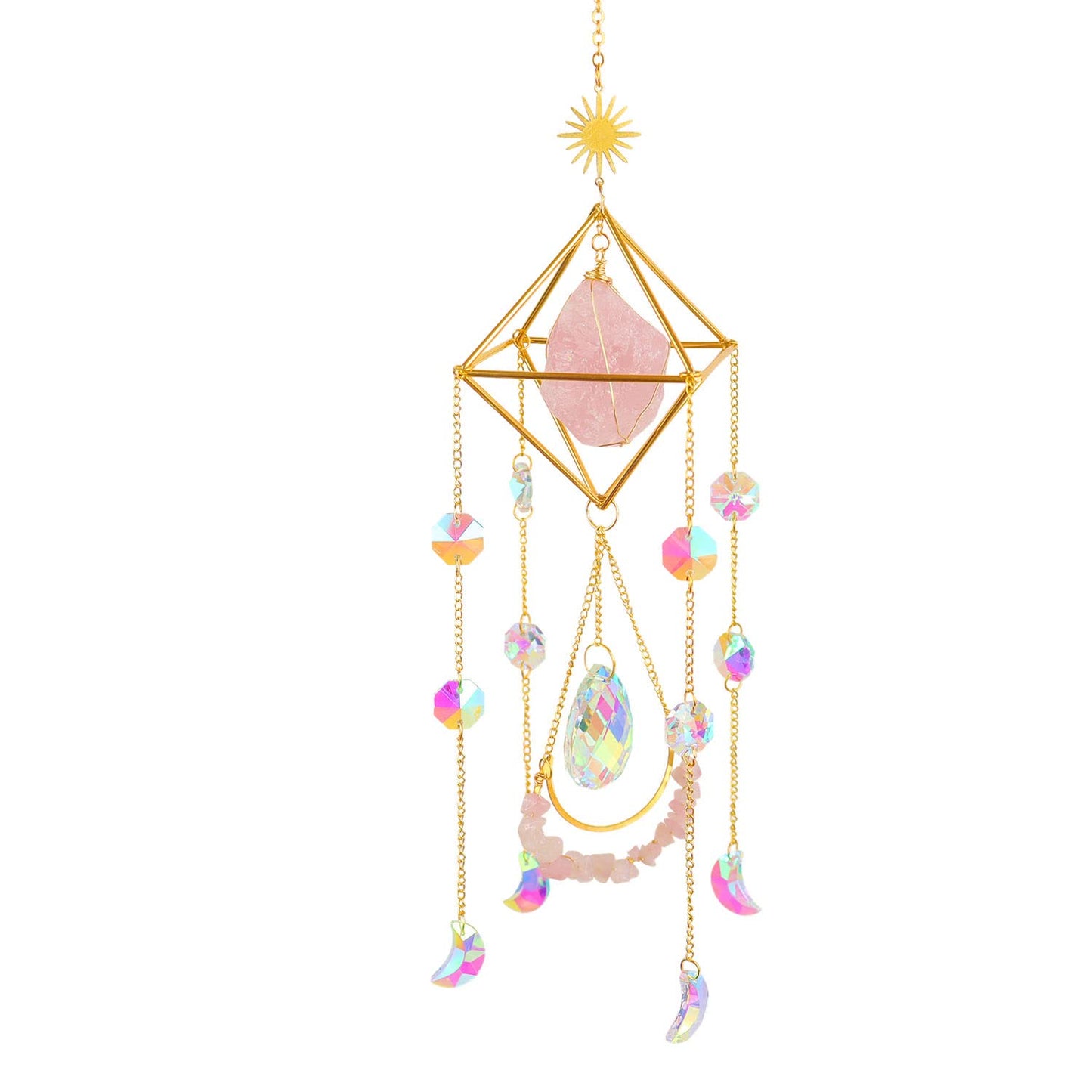 Crystal Suncatcher Rose Quartz, St Valentines Gift Spiritual, Sun Catcher Hanging for Windows, Rainbow Maker, Garden Home Decor, Natural Gemstone Boho Decor (Rose Quartz)