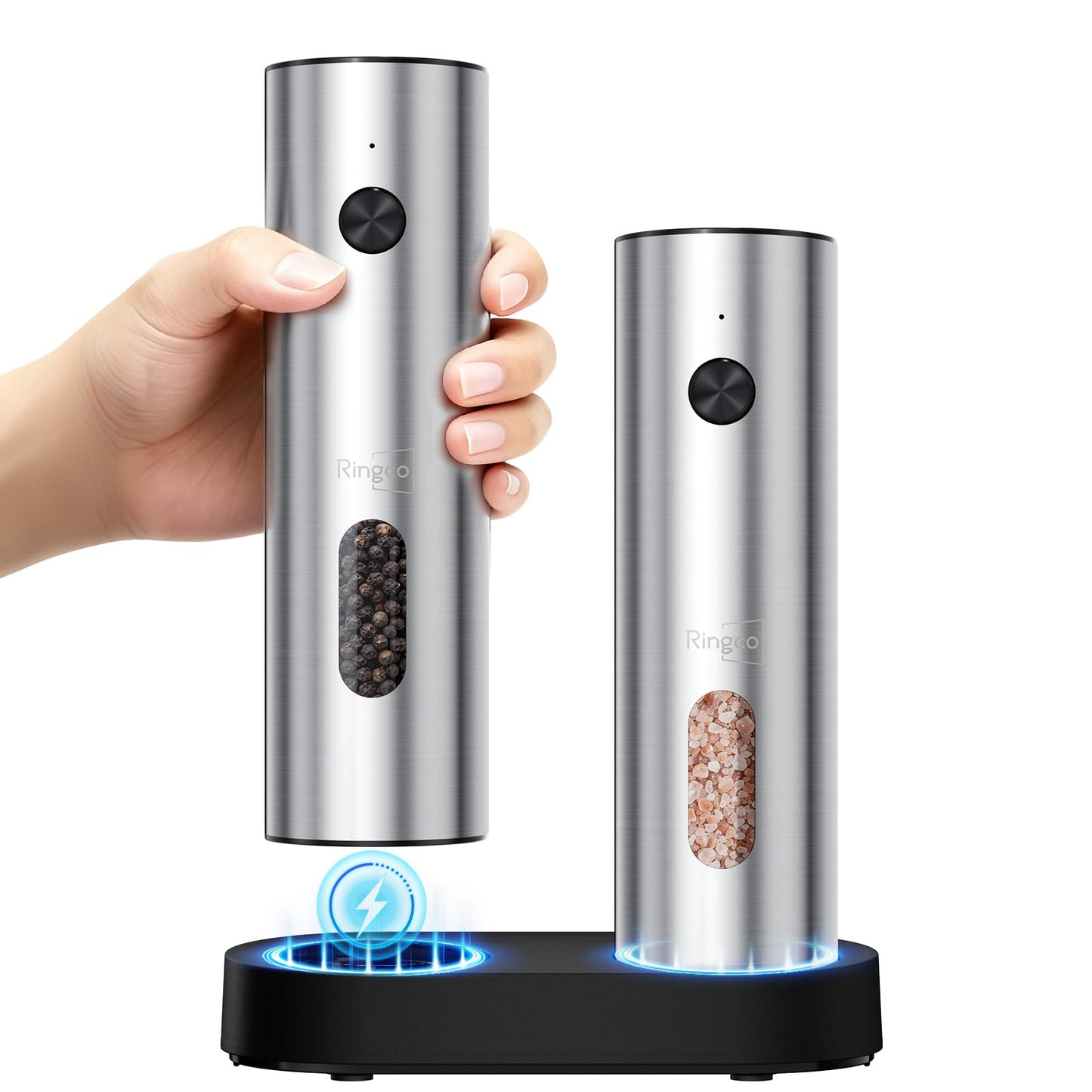 Ringco Electric Salt and Pepper Grinder Set with Charging Base, Rechargeable Salt and Pepper Mill with Adjustable Coarseness, LED Light, 110ml Large Capacity for Kitchen, Outdoors, Gifts for Women