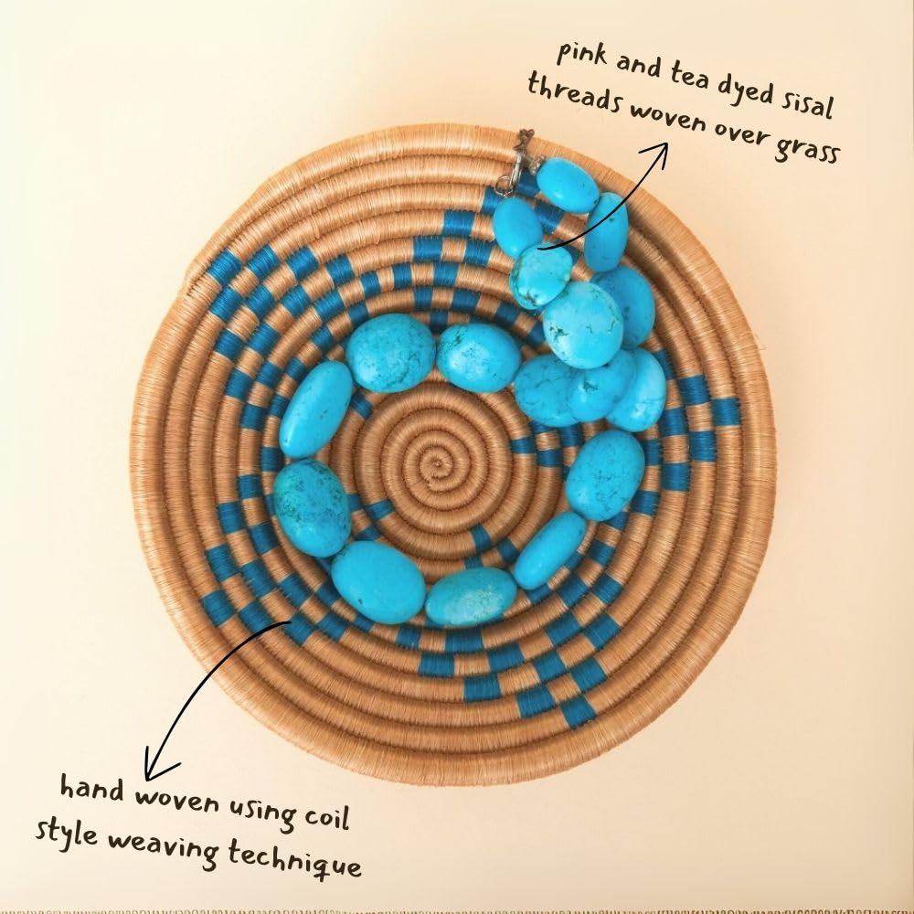 Africa in a Basket Small African Decorative Bowl, Turquoise Blue, 7" Wide