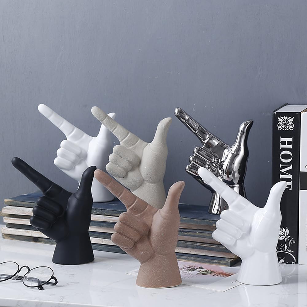 Rayberro Ceramic Hand Gesture Sculpture Creative Hand Statue Home Decor Hand Gesture Figurine Decors for Living Room Bedroom Office Bookshelf Coffee Tabletop Ornaments Decorations Gift (Sandy)