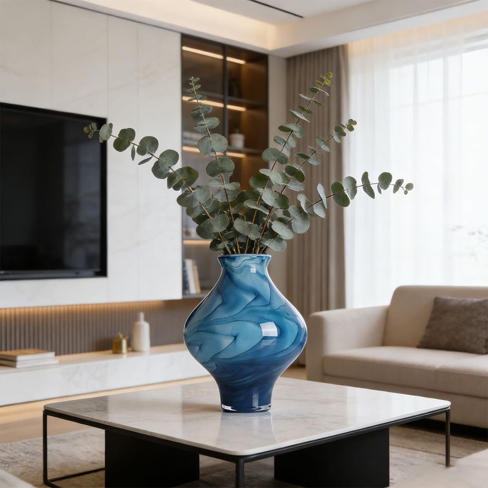 Hand Blown Blue Glass Vase, 9.5" Unique Blue Decor Glass Vases, Modern Hand Blown Glass Vase Decor for Home Living Room, Office, Table centerpieces, Shel, Kitchen, Bathroom Decorative