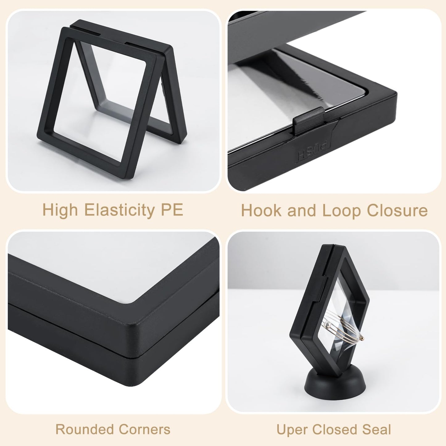QLFJ-FurDec 40 PCS Floating Display Case, 3D Challenge Coin Display Holder Frames with Stands, Transparent PE Jewelry Storage Box for Butterfly, Medallion, Shells, Gems, Pins, Specimen (Black)