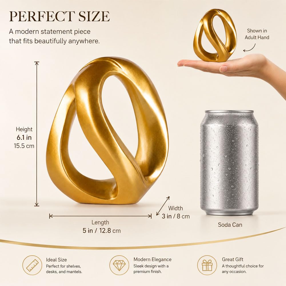 Matte Gold Knot Sculpture, Coffee Table Decor Object, Bookshelf Accent Statue, Mobius Strip Infinity Loop Abstract Resin Ornament for Entryway Nightstand TV Stand Living Room Bedroom Office Desk
