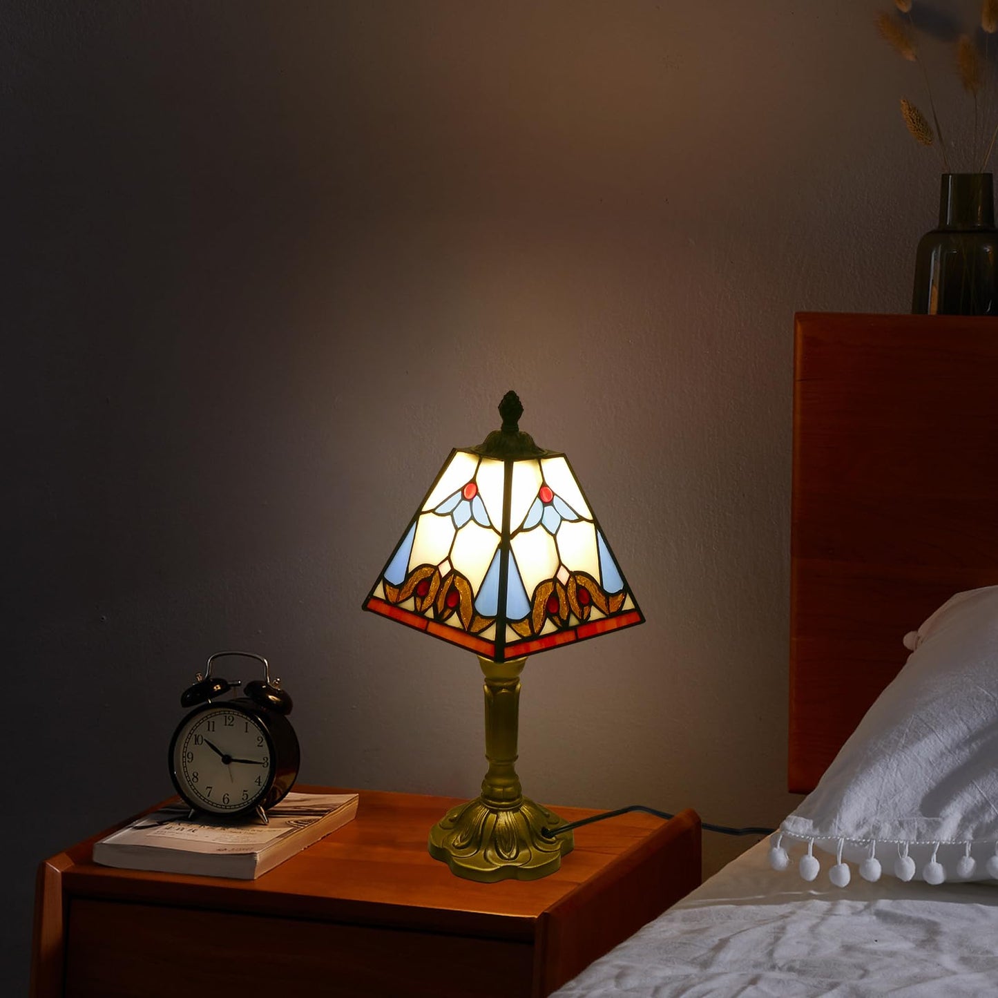 VirtueKing Tiffany Lamp 6" Wide Small Square Baroque Style Stained Glass Table Lamp Desk Reading Light, Bedside Table Lamp Decor for Small Space Bedroom Home Office