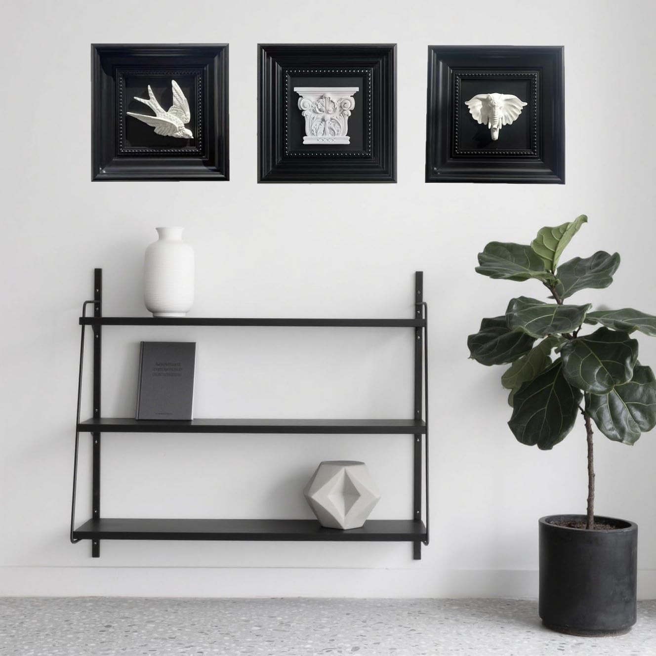 Elegant Black Framed Plaster Wall Art — 3D White Plaster Architectural Accent in Classic Frame, Small Decorative Shelf & Wall Decor for Living Room, Office, Entryway (8.7" x 8.7")