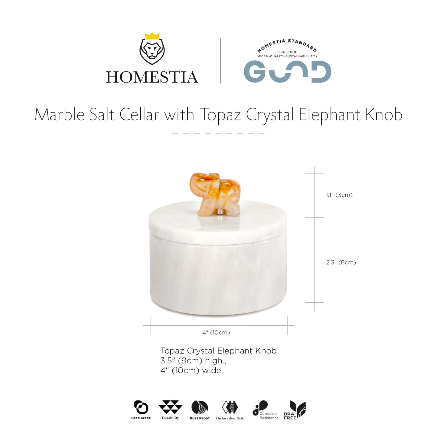 Homestia Marble Salt Cellar with Lid 4 Inch White Marble Salt Keeper with Crystal Elephant Knob, Natural Stone Spice Jar for Kitchen Counter, Modern Salt Bowl Sugar Container Gift