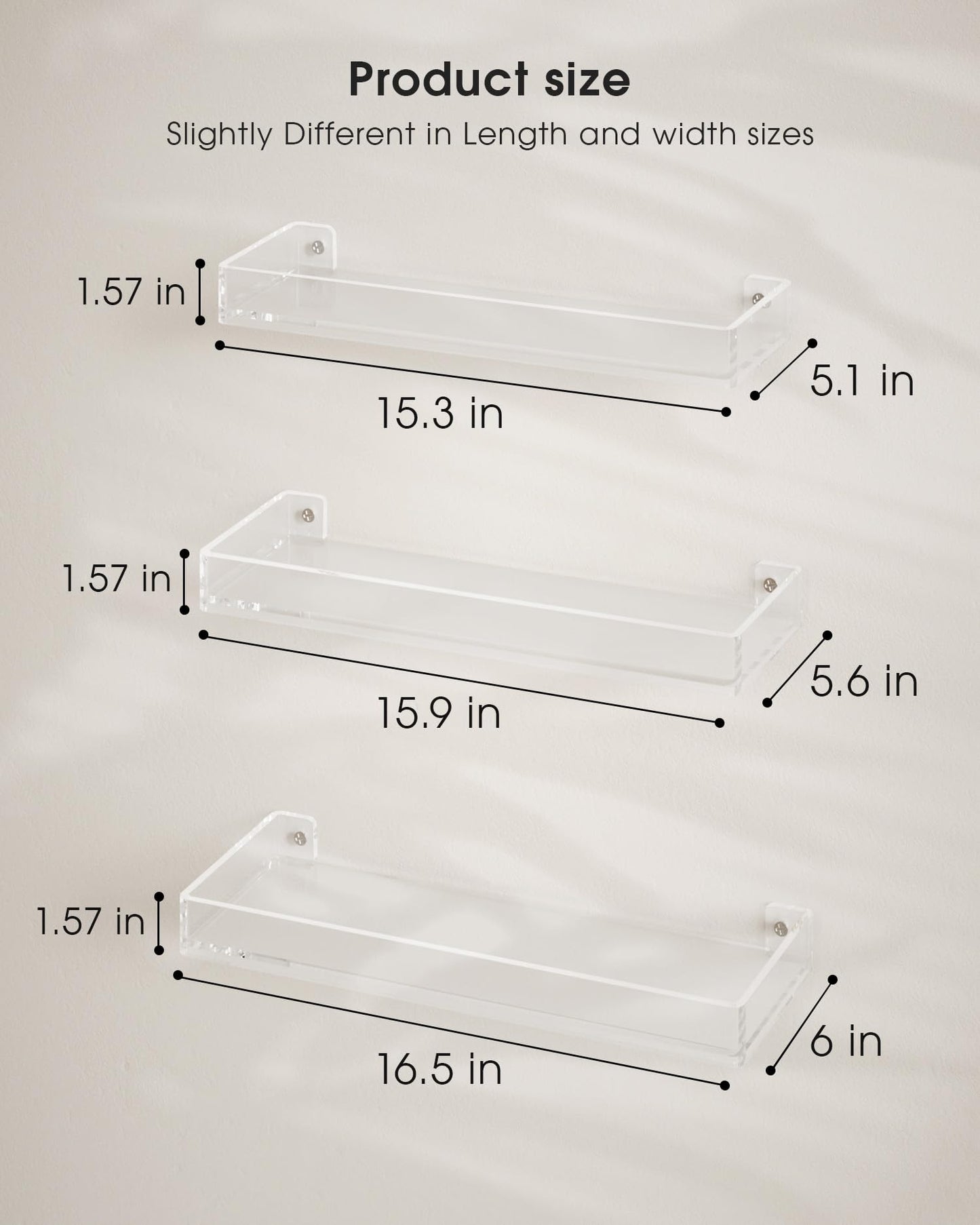 MaxGear Acrylic Clear Floating Shelves with Edge, Wall Mounted Hanging Bookshelves, Decorative Display Wall Shelves Storage Organizer for Bathroom, Bedroom, Kitchen, Easy Installation, Set of 3