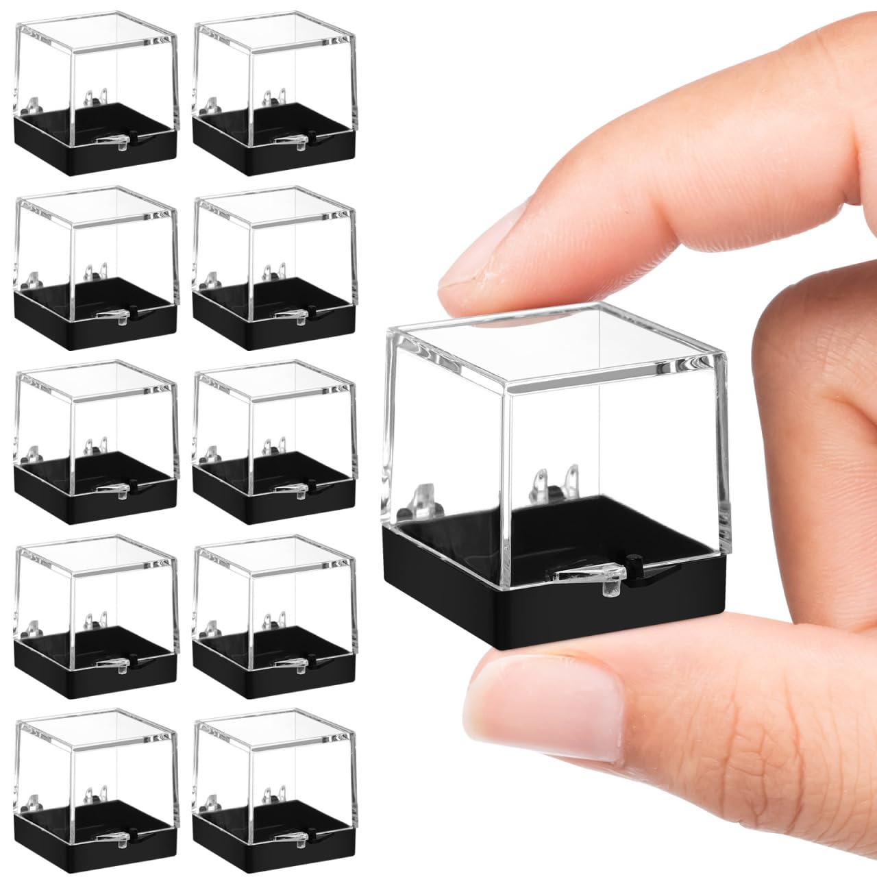 Cabilock 48PCS Mineral Display Boxes, Clear Acrylic Display Box for Rock Agate Slices Crystals Coral, Standard Cube Countertop Showcase Stand with Black Base