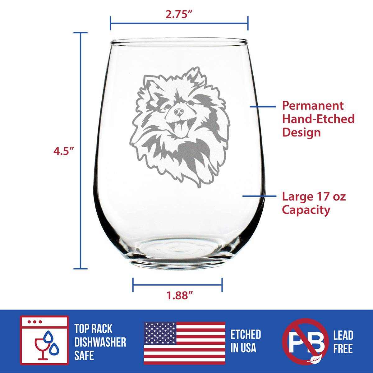 Bevvee Pomeranian Face Stemless Wine Glass - Cute Dog Themed Decor and Gifts for Moms & Dads of Pomeranians- Large 17 Oz