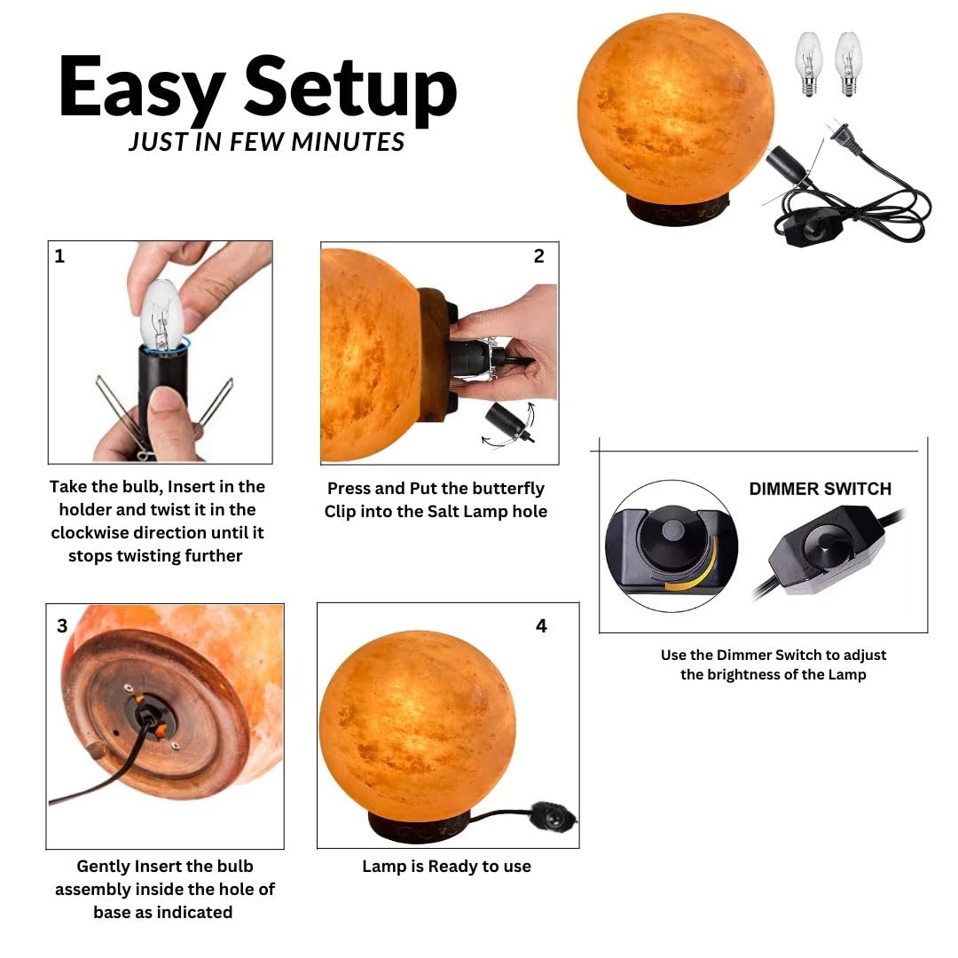 Himalayan Pink salt globe Shape Lamp with dimmer switch and a pair of bulbs (HL-GLOBE)