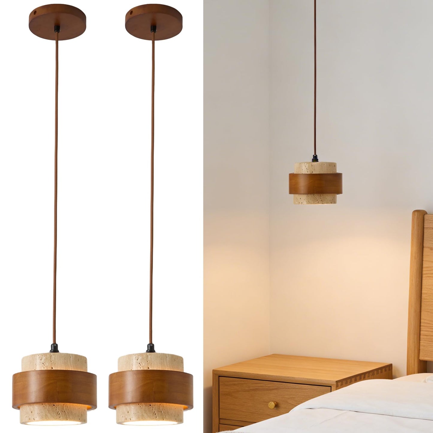 Wabi Sabi Pendant Light Set of 2, Natural Stone Travertine & Wood Hanging Lamp for Kitchen Island, Hallway, Bedroom, Dining Room Ceiling Decor (E26 Bulb, 6.7 in Stone Ring)