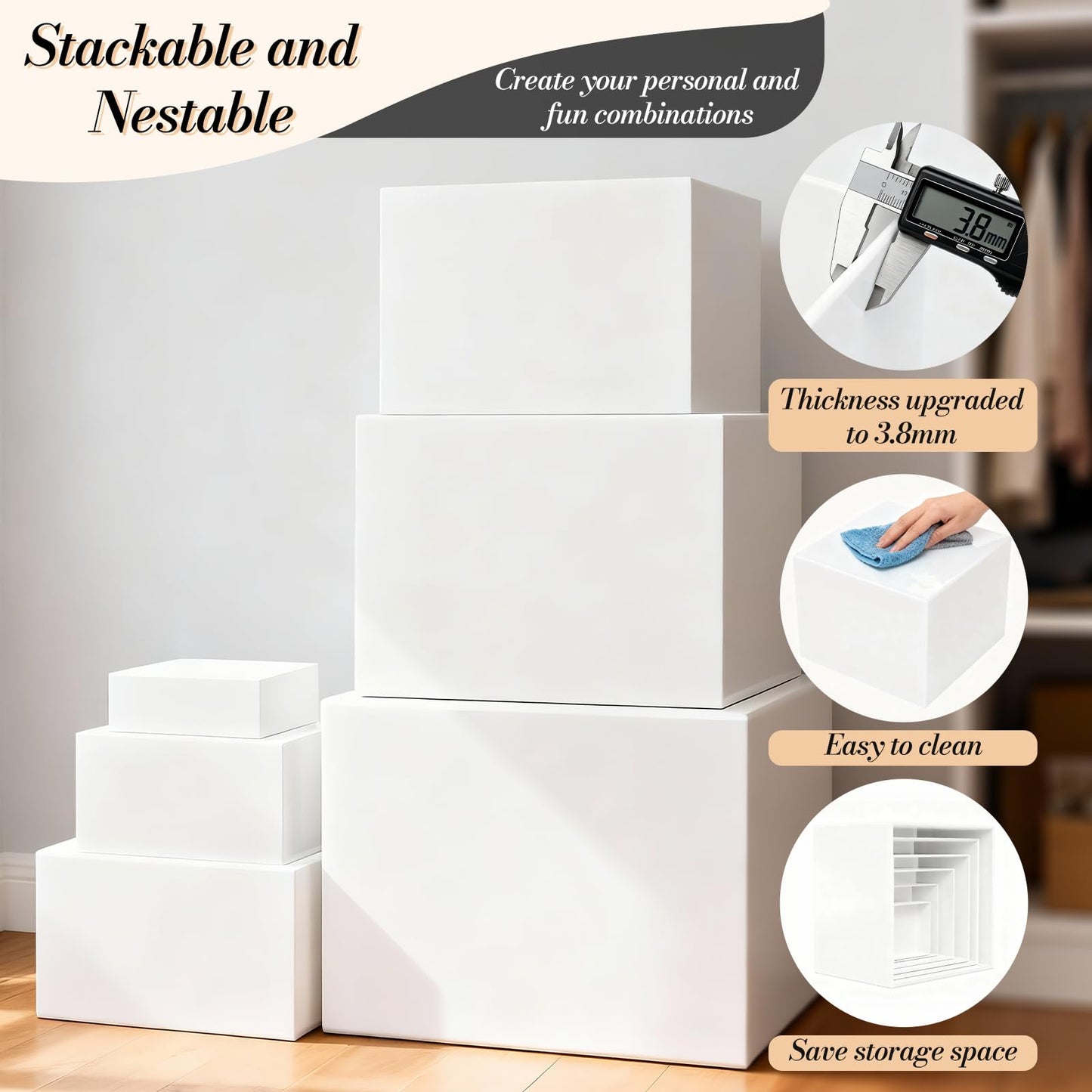 6 Pcs Buffet Risers with Mini Sign and Maker, Food Risers Display Stands for Buffet Table Party Catering Dessert Jewelry Collectibles, Nesting Cube Boxes with Hollow Bottoms (8",7",6",5",4",3")