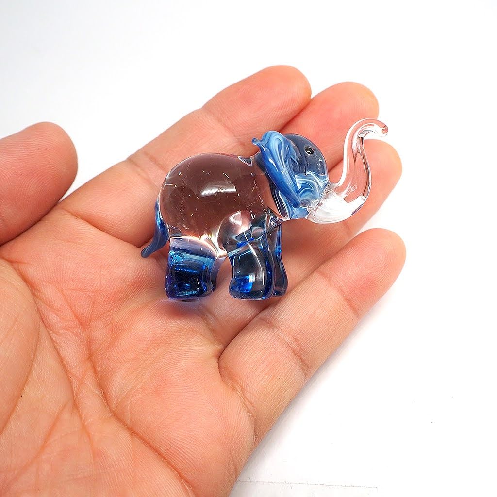 ZOOCRAFT Lucky Elephant Figurines Blue Hand Blown Art Glass Collectible Animal Ornament Gift Decor, 1.5 x 2.5 x 1.8 inches