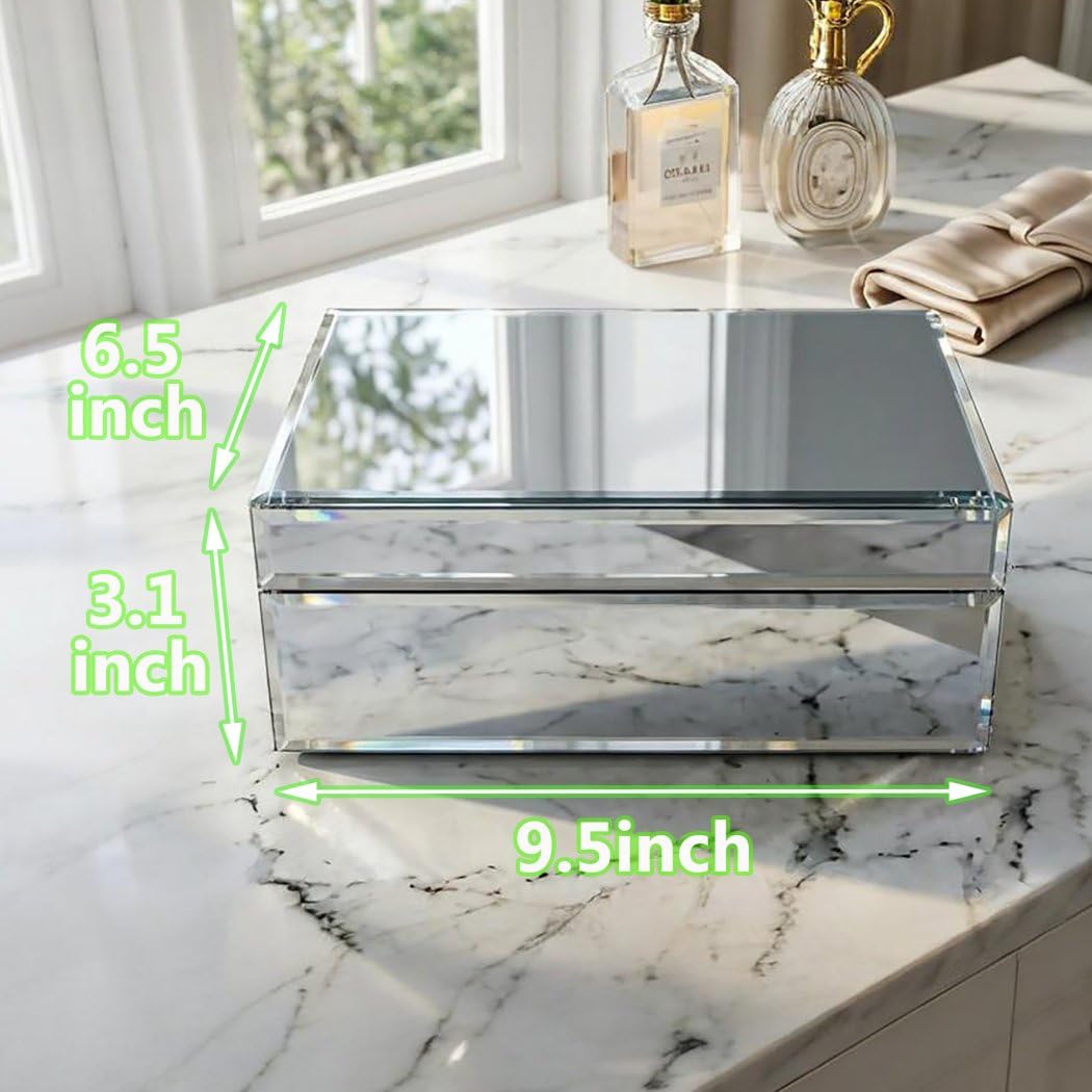QMDECOR Silver Glass Mirrored Jewelry Box Beautiful Finish Storage Sturdy Organizer High-end Jewelry Organizer Luxury Big Vanity Mirror Box Keepsake Box Attractive Substantial Well Made Jewelry Box