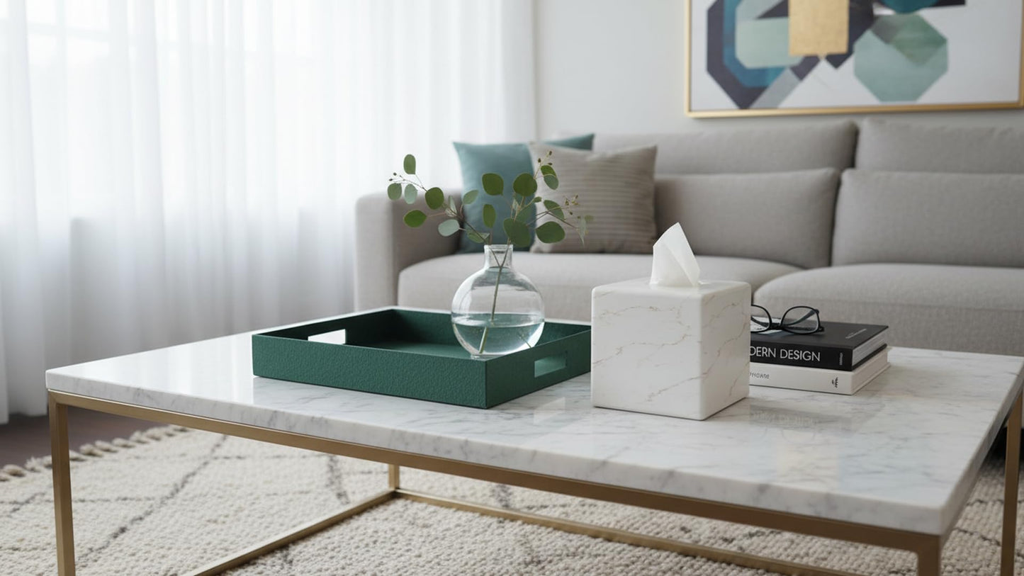 Huitony Square Tissue Box Cover Decorative Kleenex Box Holder for Bathroom & Living Room with Handcrafted Texture (Marble-B)