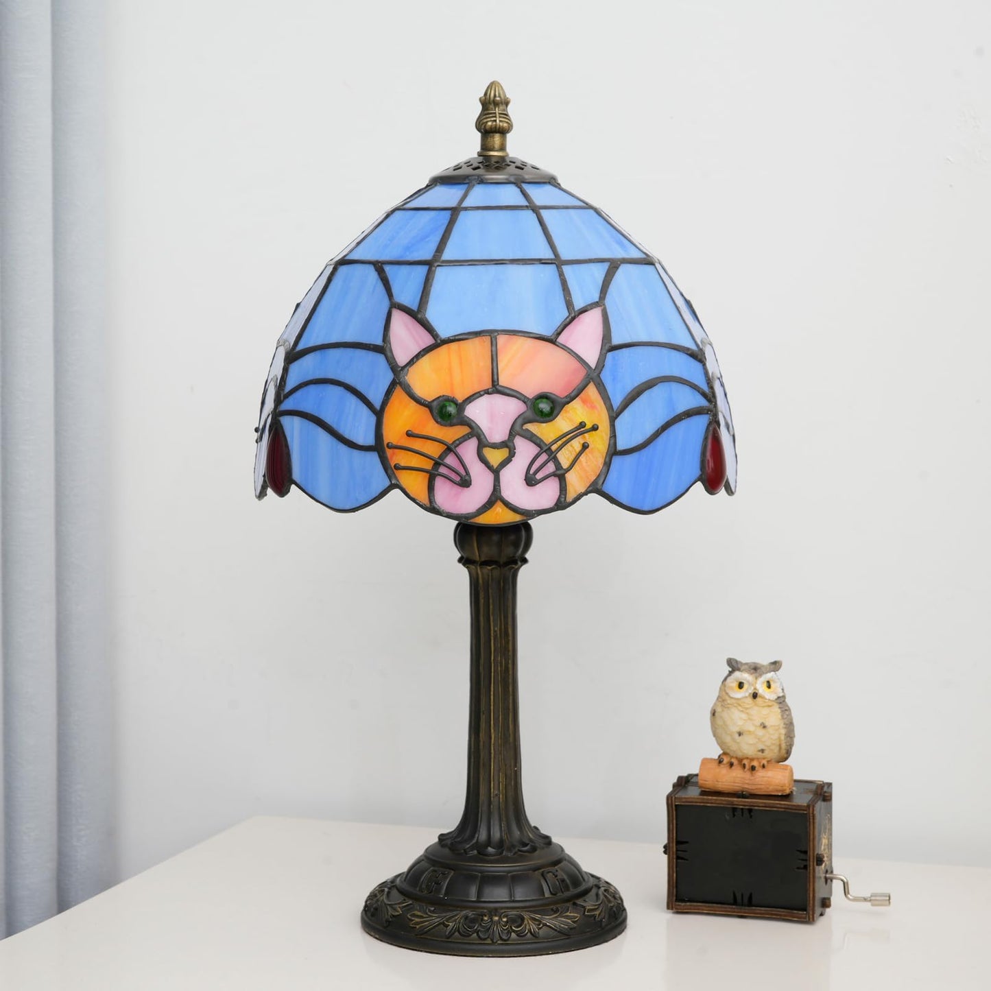 Orange Cat Lamp Tiffany Lamp Blue Stained Glass Table Lamp Cute Small Bedside Nightstand Desk Lamp Warm Light Bedroom Office Living Room Kitchen for Cat Lovers Gift Halloween Christmas Kids Decor LED
