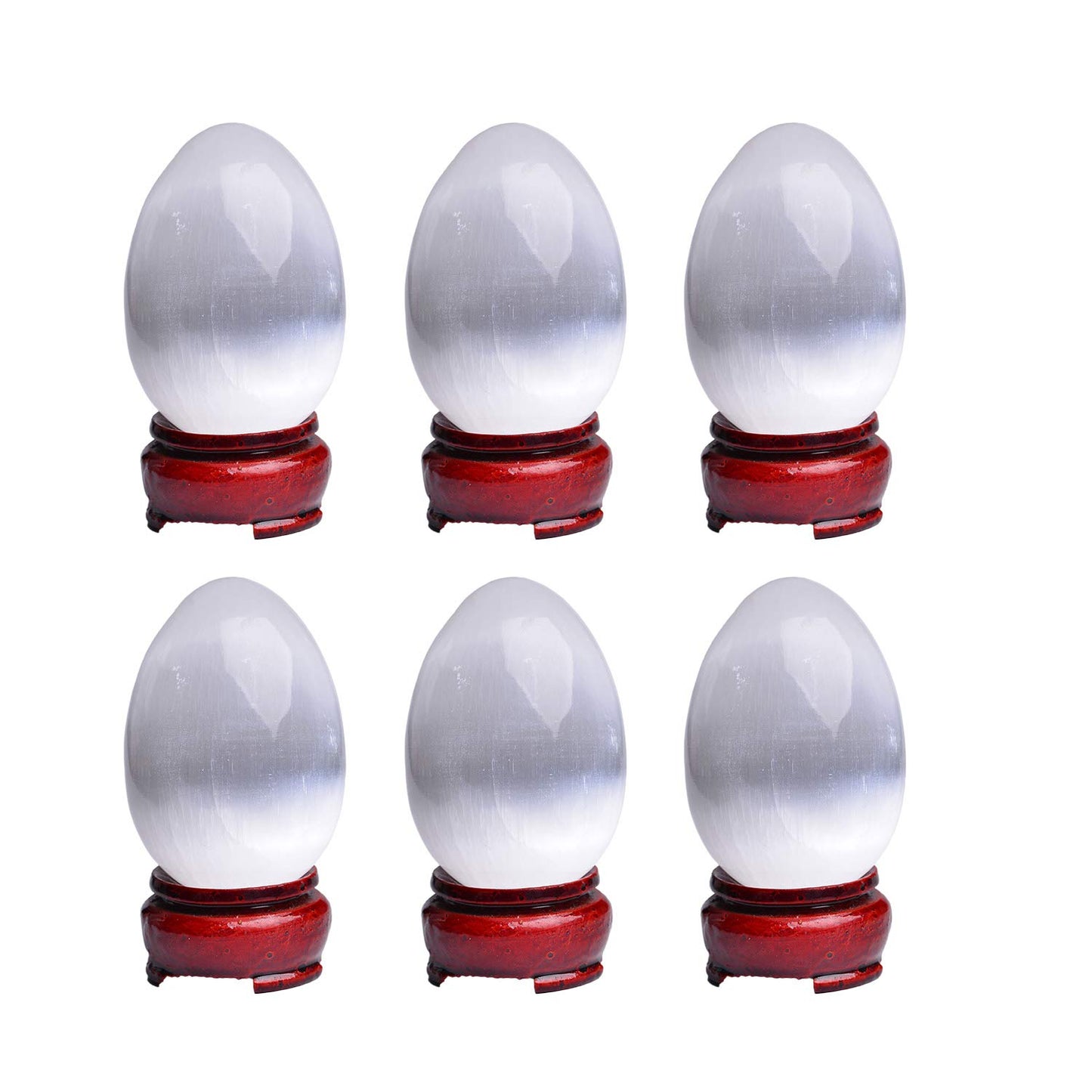 AMOYSTONE Selenite Eggs (6 Pcs) - Morocco Selenite Crystals with Wooden Base for Healing, Reiki, Meditation, Home Decor & Office Desk (1.5-2")