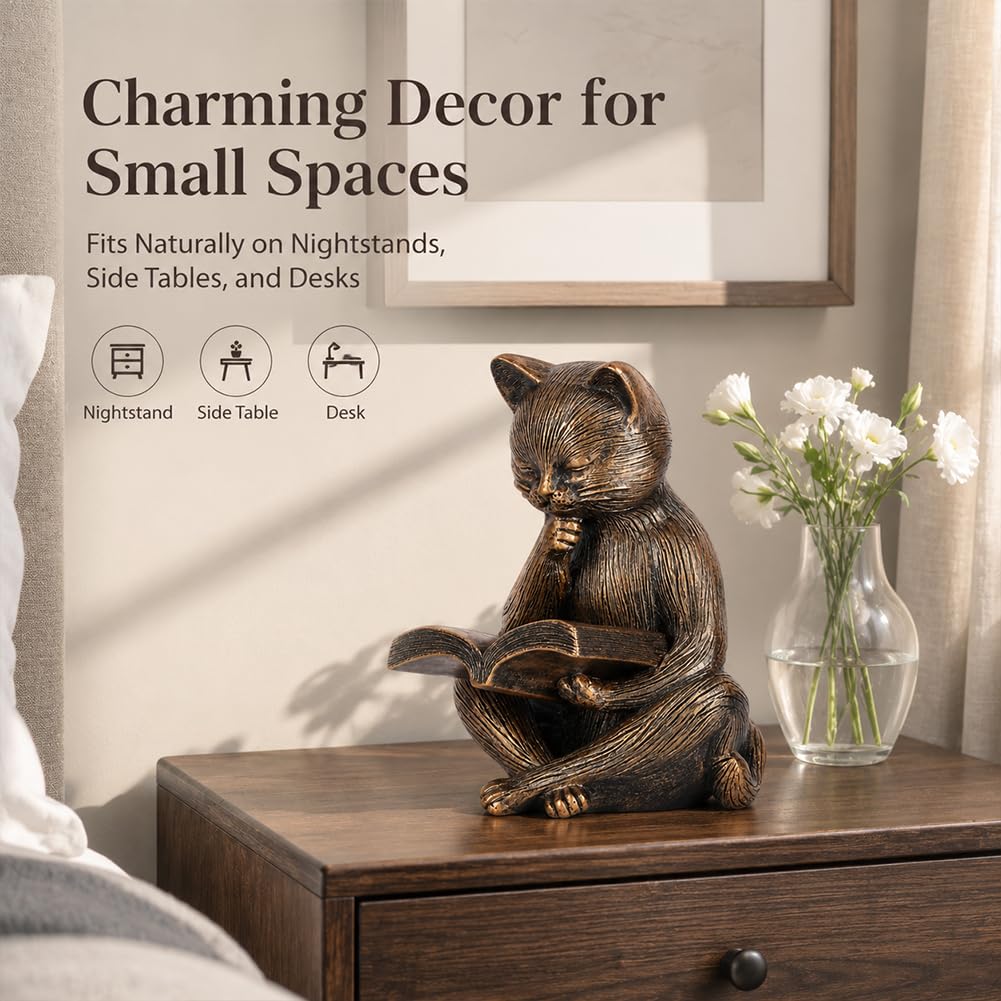 UANYEMON Reading Cat Figurine, 6.4-Inch Bronze-Finish Resin Cat Statue
