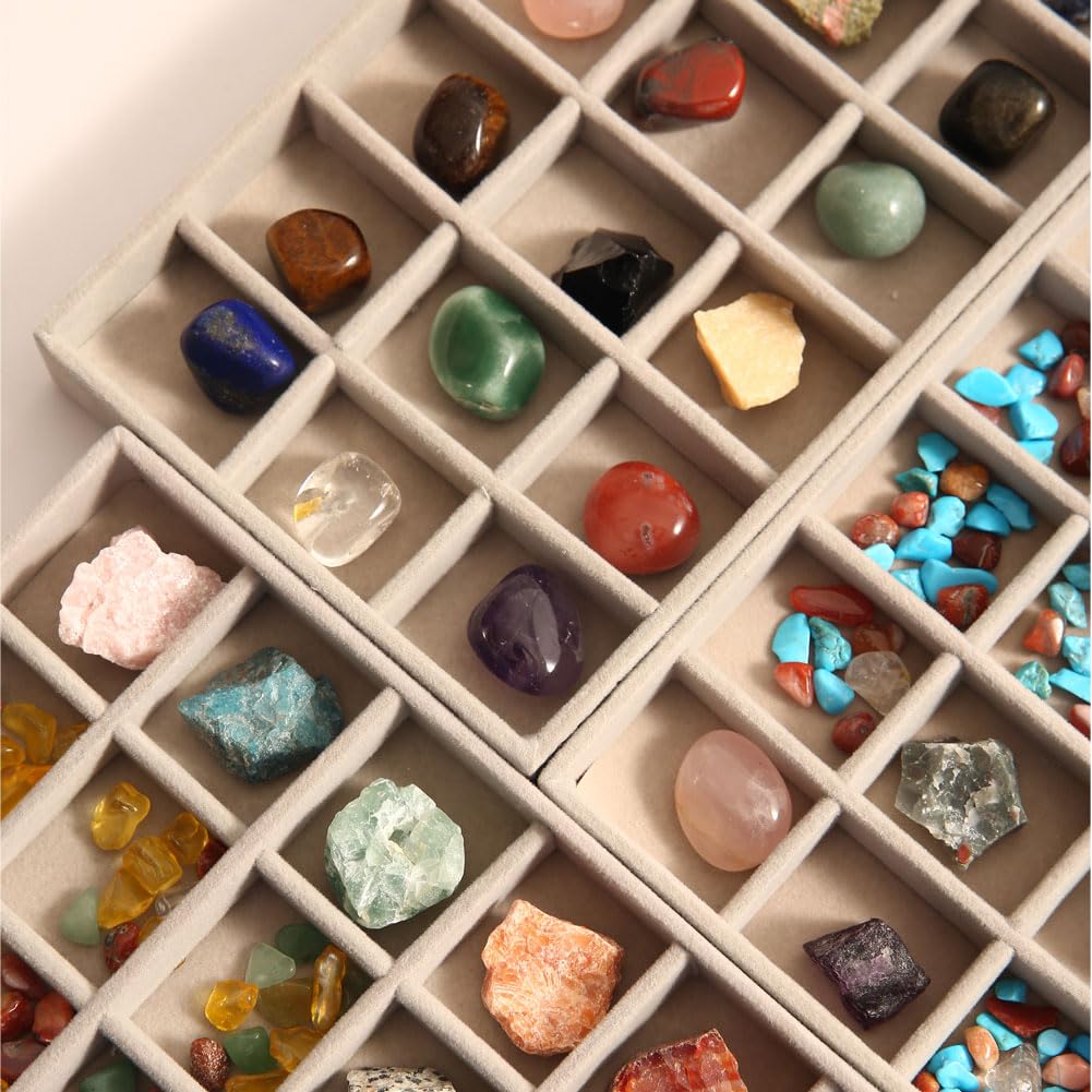 Rock Display Case, 54 Girds Rock Collection Display, Rock Collection Box for Kids with Acrylic Cover and Velvet Compartment, Gemstone Display Case for Stones, Crystals, Gems (Grey)