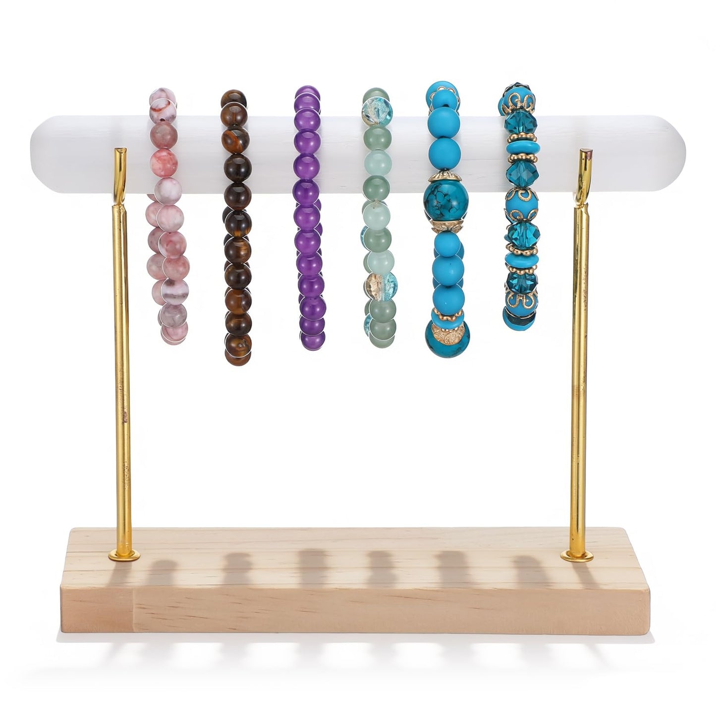 kenaeooe Selenite Bracelet Display Stand - Crystal Healing Jewelry Organizer & Holder for Bracelets, Watches, Necklaces - Detachable Wood Base & Metal Bracket for Cleansing