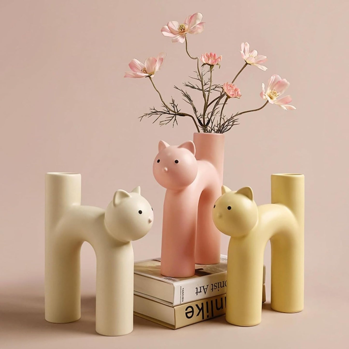 Cat Ceramic Vase Nordic U-Shape, Cute Cat Shaped Bud Vase Minimalist Boho Decor for Room Desk Shelf Entranceway Kitchen Table, Artistic Plant Holder (White)