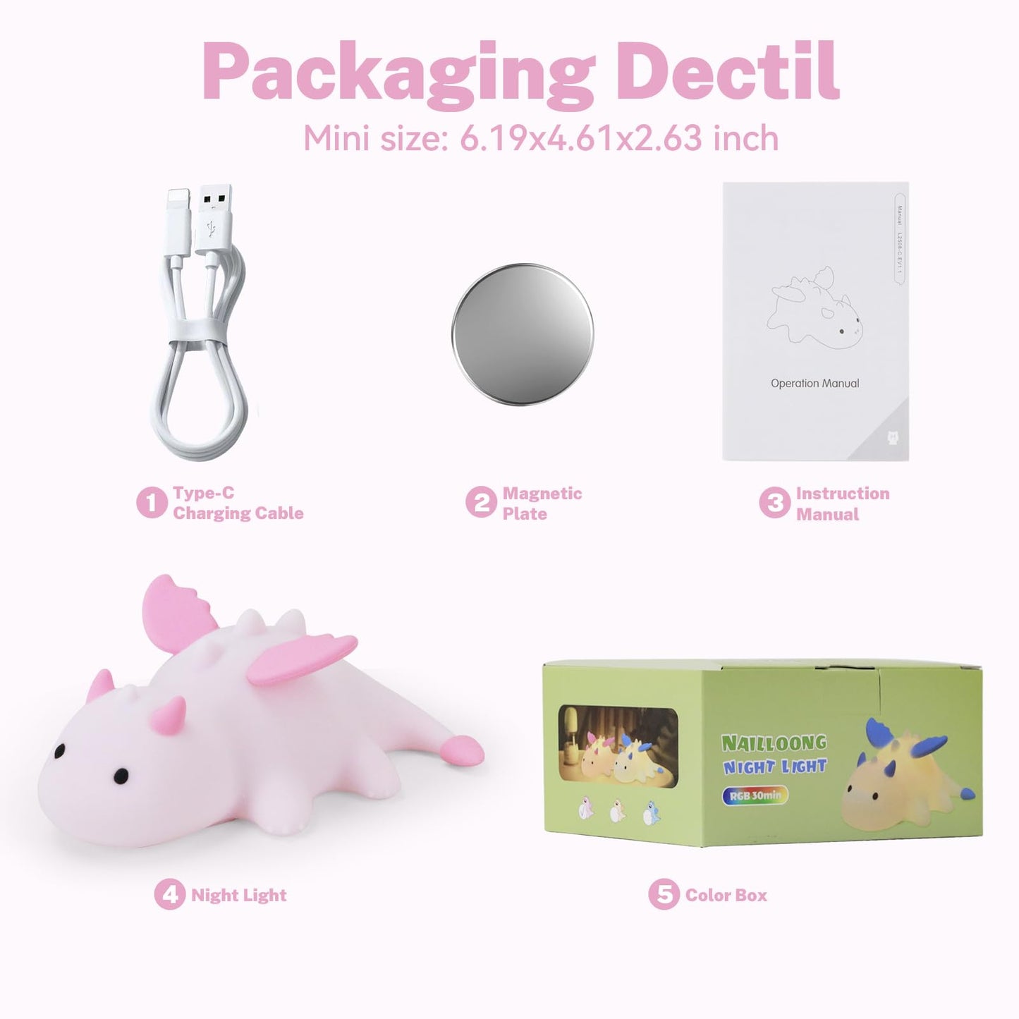 AVEKI Pink Dragon Night Light, Cute Baby Dragon Lamp Gifts for Girls and Princess, 10 Modes Adjustable Touch Baby Light, Rechargeable Nursery Lamp with Timer, Portable Nightlight for Kids Girl